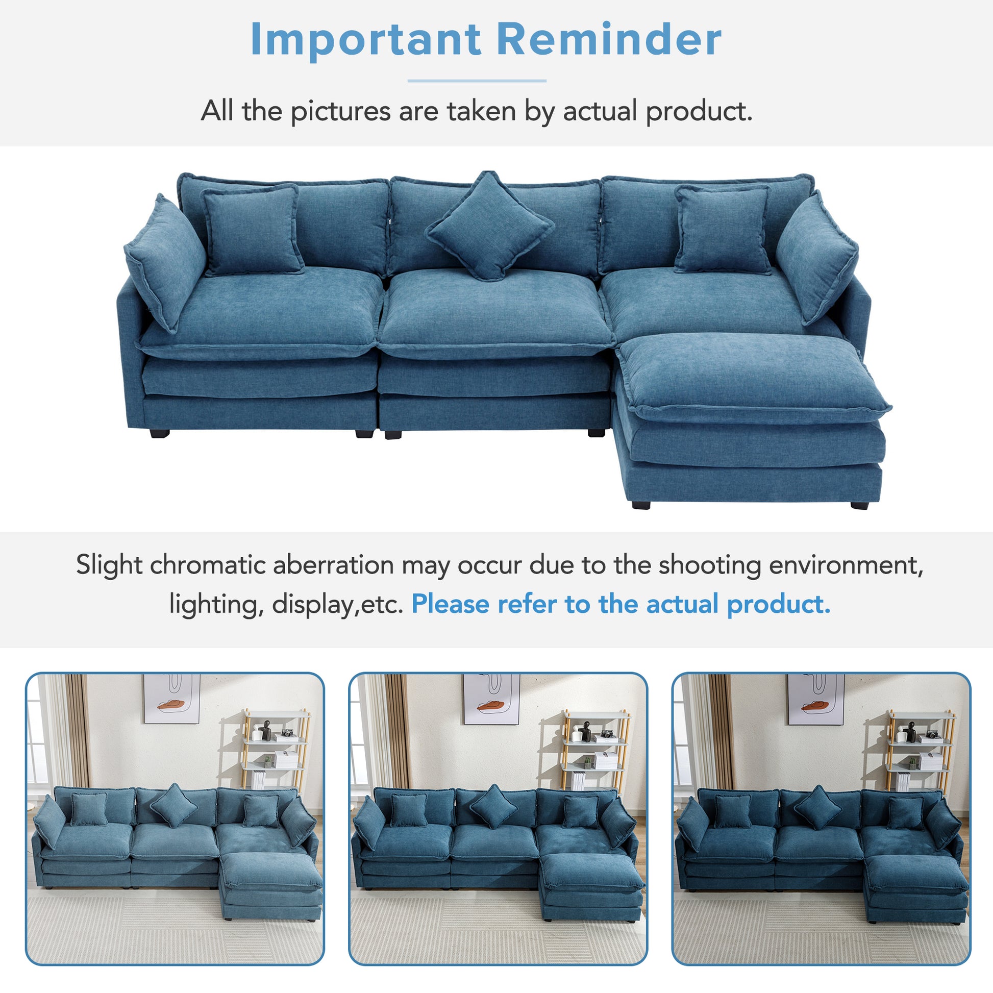 112.2" L Shape Chenille Upholstered Sofa For Living Room Modern Luxury Sofa Couch With Ottoman, 5 Pillows, Blue Blue Foam 4 Seat