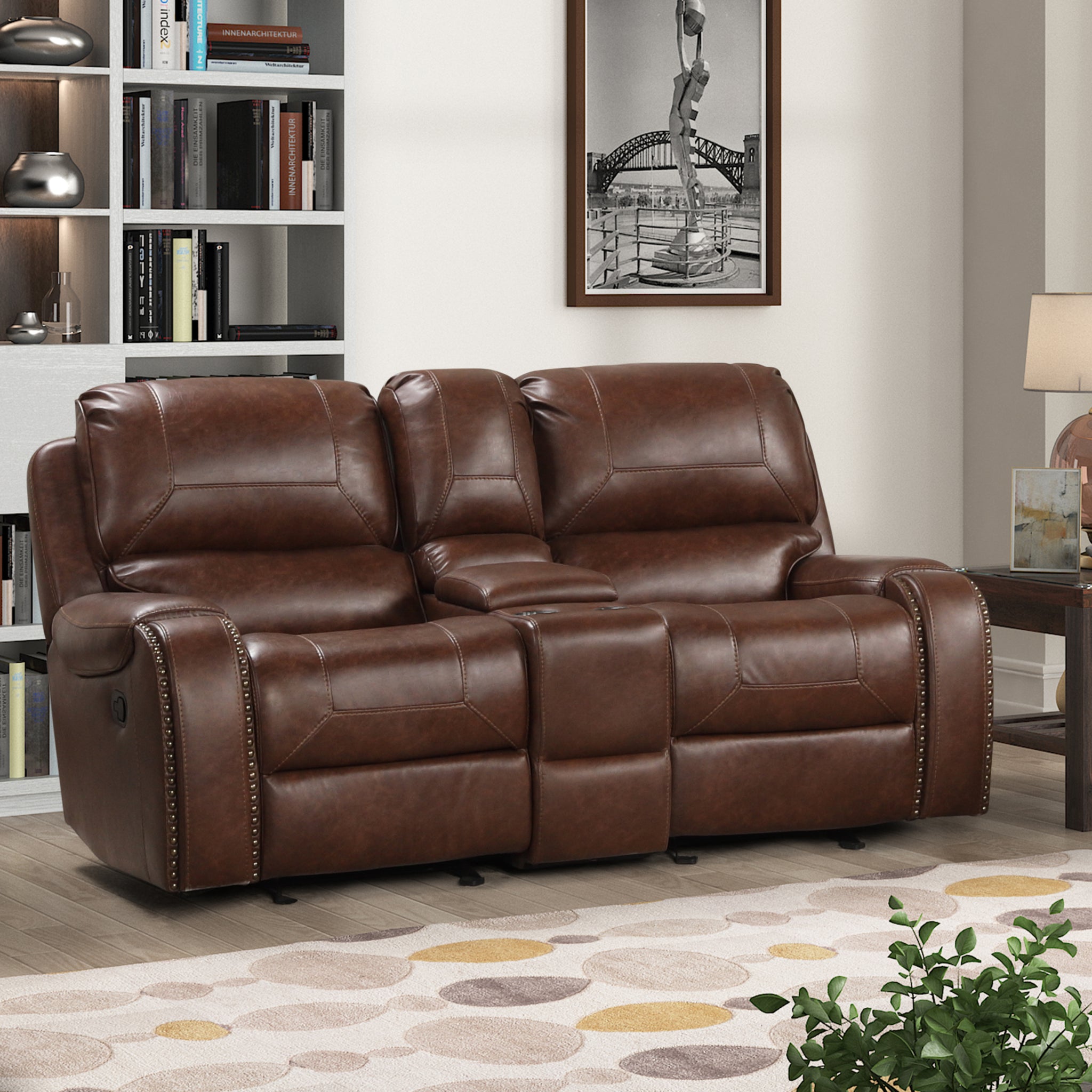 Achern Brown Leather Air Manual Reclining Loveseat With Storage Console Brown Espresso Wood Primary Living Space Medium Firm Cushion Back Traditional Pillow Top Arms Faux Leather