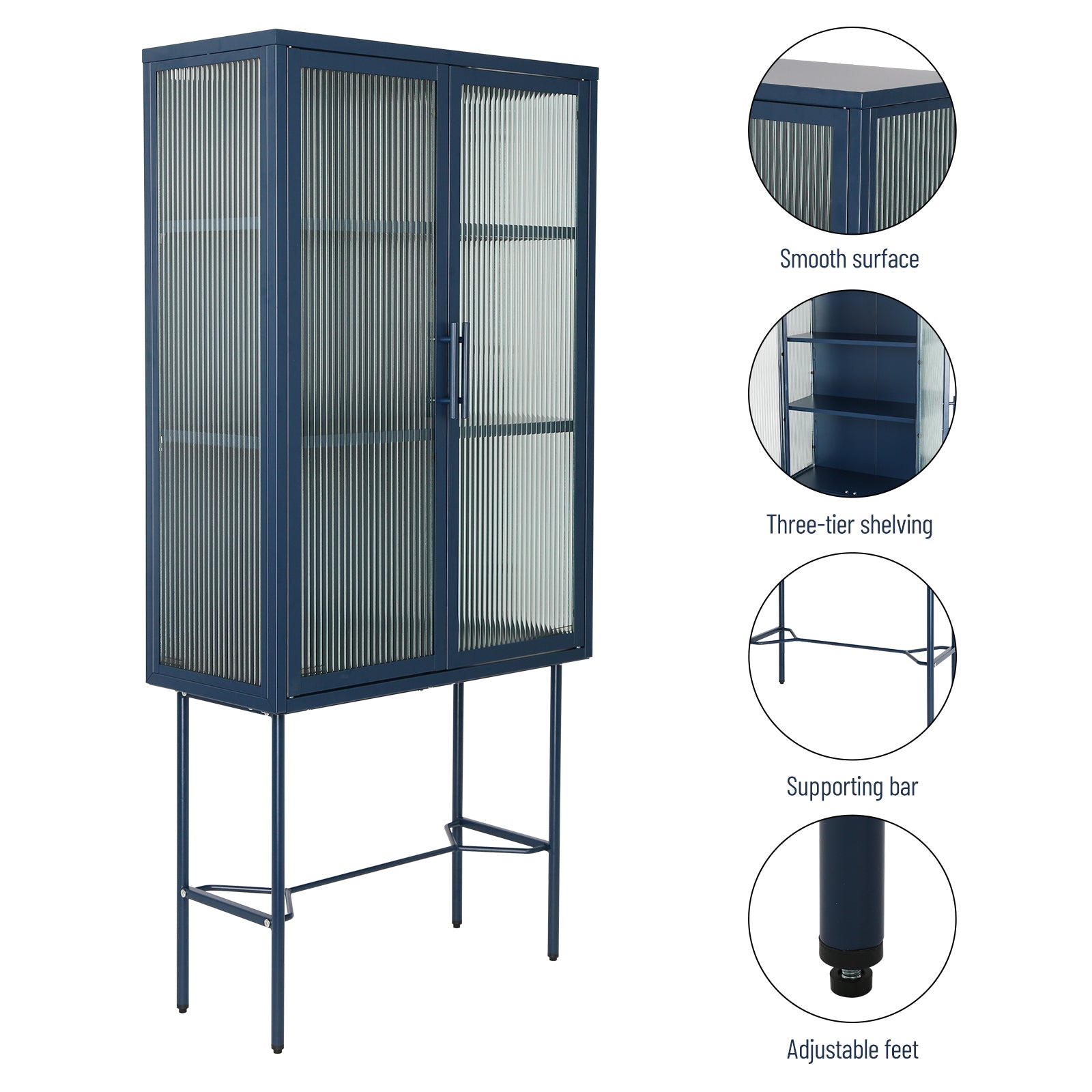 Elegant Floor Cabinet With 2 Glass Doors Living Room Display Cabinet With Adjustable Shelves Anti Tip Dust Free Easy Assembly Blue Color Old Sku:W68766570 Blue Steel