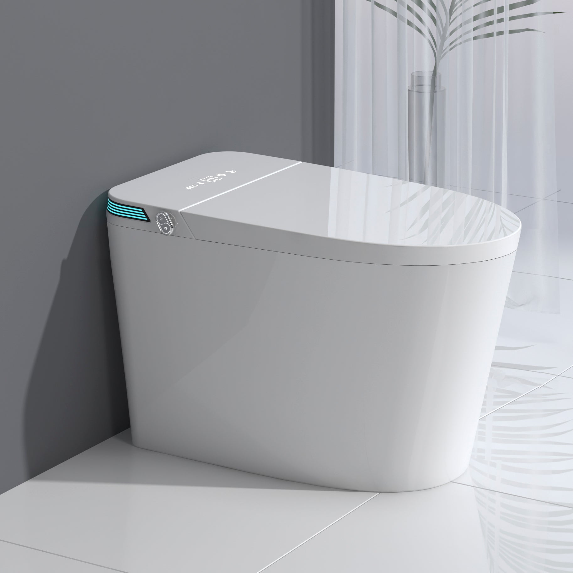 Luxury Intelligent Smart Toilet With Instant Warm Water Sprayer And Dryer, Auto Flush Foot Sensor Operation, Adjusted Temp Heated Bidet Seat, Led Display White White Bathroom Porcelain