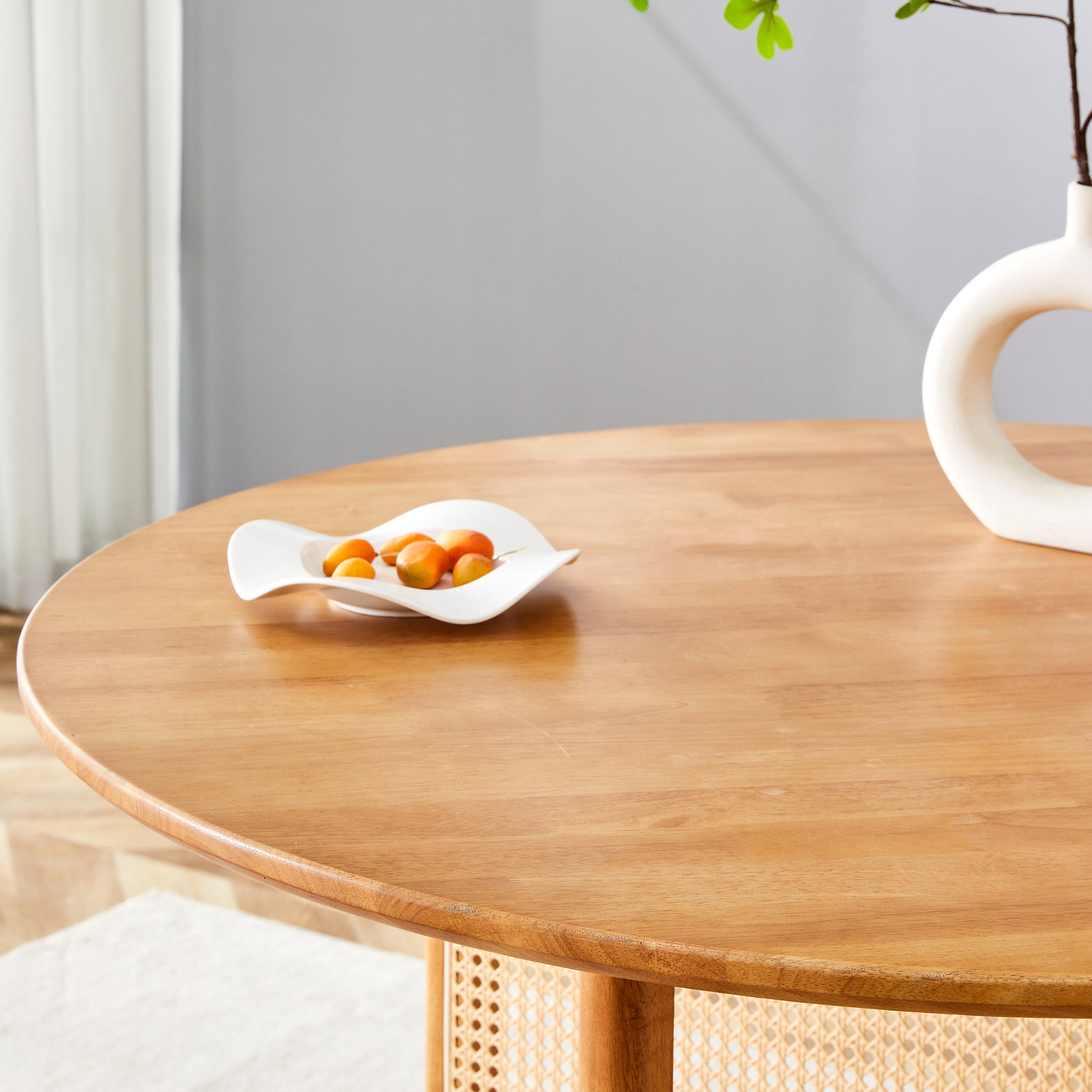 Chinese Countryside Retro Solid Wood Round Table, Simple Modern Imitation Rattan Table, Wooden Table, Desk. Suitable For Dining Room, Living Room, Office Wood Rubber Wood