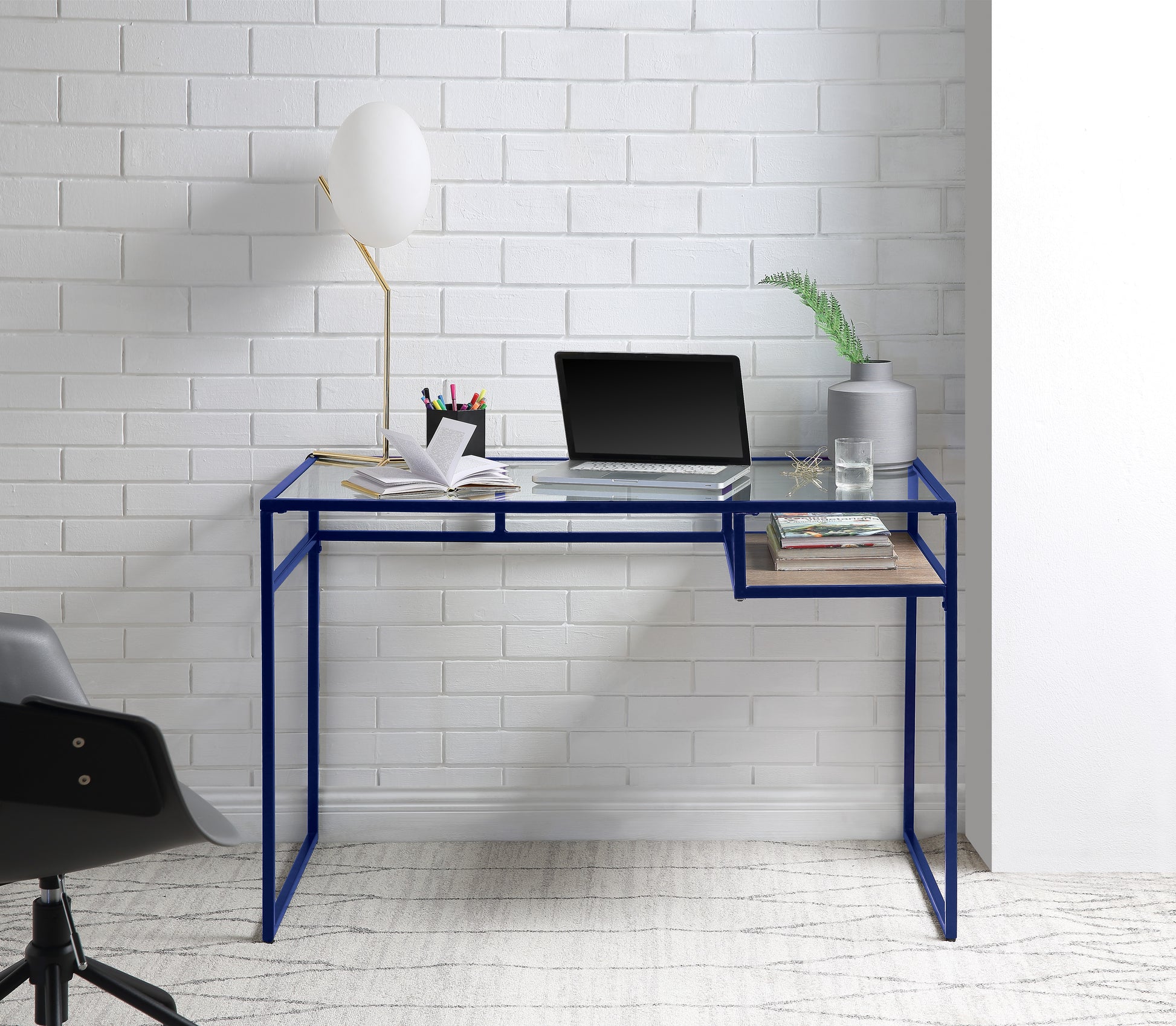 Yasin Glass Top & Blue Finish Writing Desk Blue Metal,Synthetic Wood