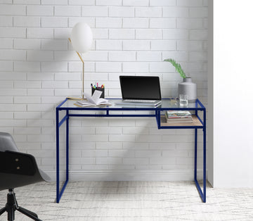 Yasin Glass Top & Blue Finish Writing Desk Blue Metal,Synthetic Wood