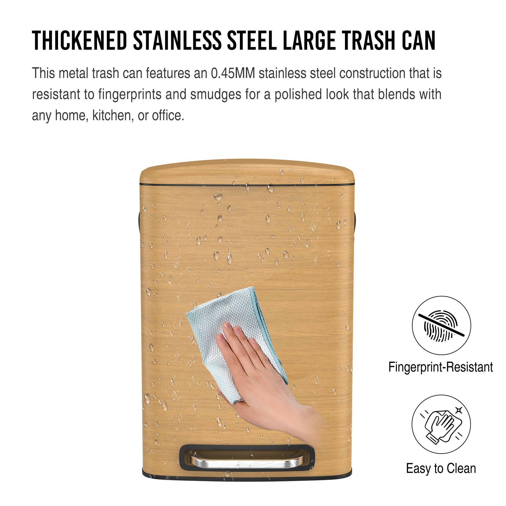 Curved Surface 13 Gallon 50L Kitchen Foot Pedal Operated Soft Close Trash Can Stainless Steel Rectangular Bustbin With 30 Garbage Bags Wood Texture Wood Steel