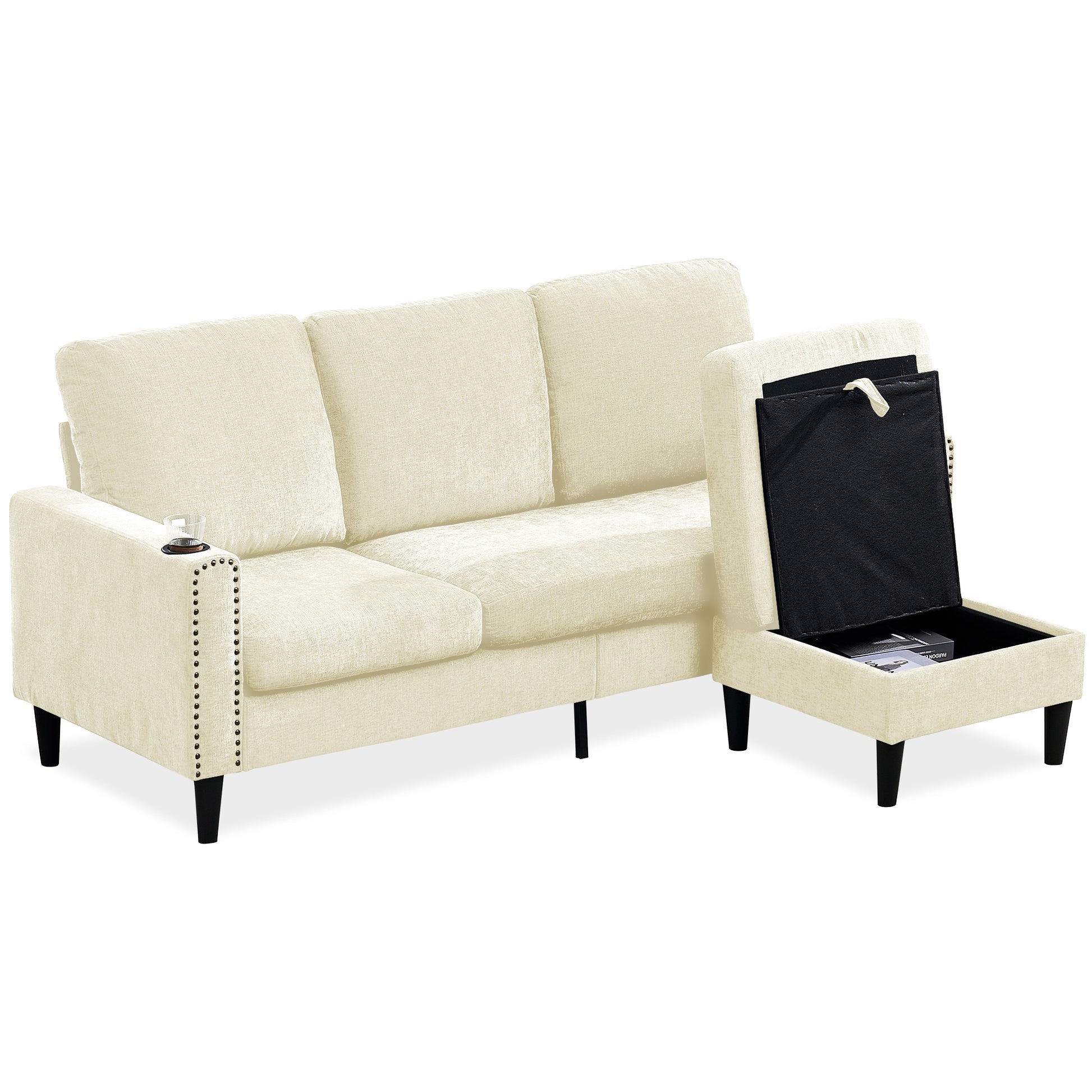 Modern Design Chenille 3 Seat L Shape Sectional Sofa With Storage Chaise For Apartment, Studio, Office,Living Room,L Shape Off White Off White Chenille Metal Primary Living Space Soft Modern Foam