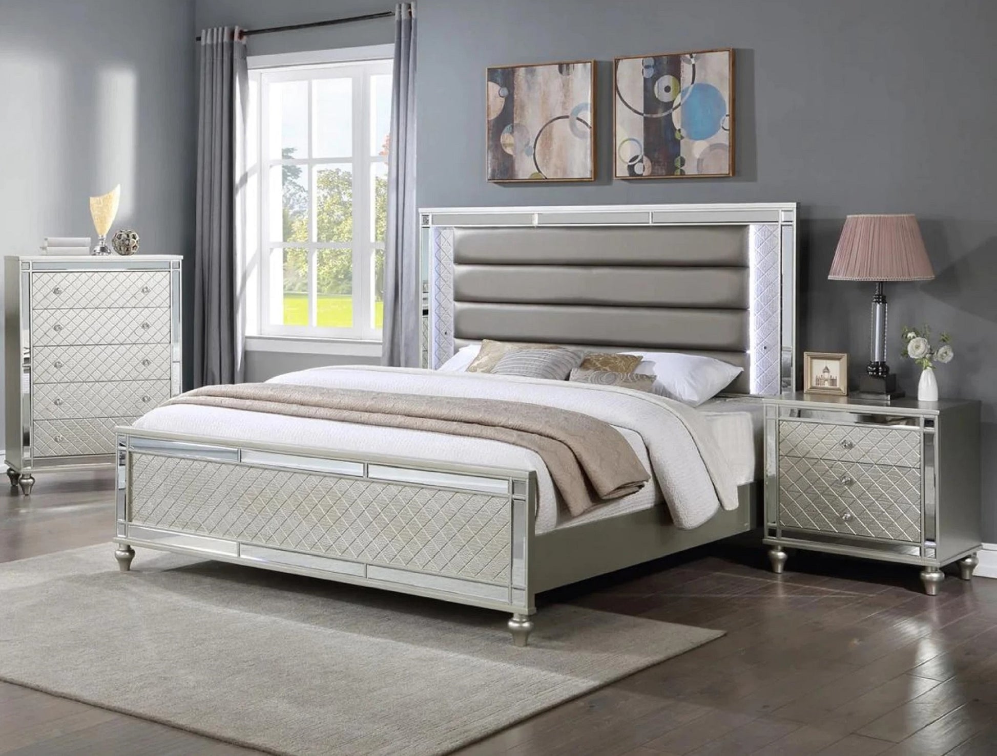 Modern Glam Style Champagne Finish King Size Panel Bed White & Blue Led Light Mirror Accents Faux Leather Upholstery Solid Wood Wooden Bedroom Furniture Box Spring Required King Champagne Wood