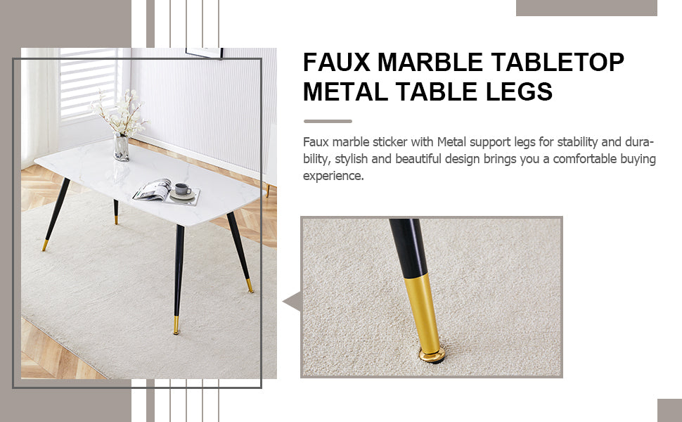 Table And Chair Set, White Imitation Marble Texture Rock Board Table Top, Black Metal Table Legs, Stable And Beautiful. Modern Simple Dining Table, Comfortable Seating. White Gray Metal