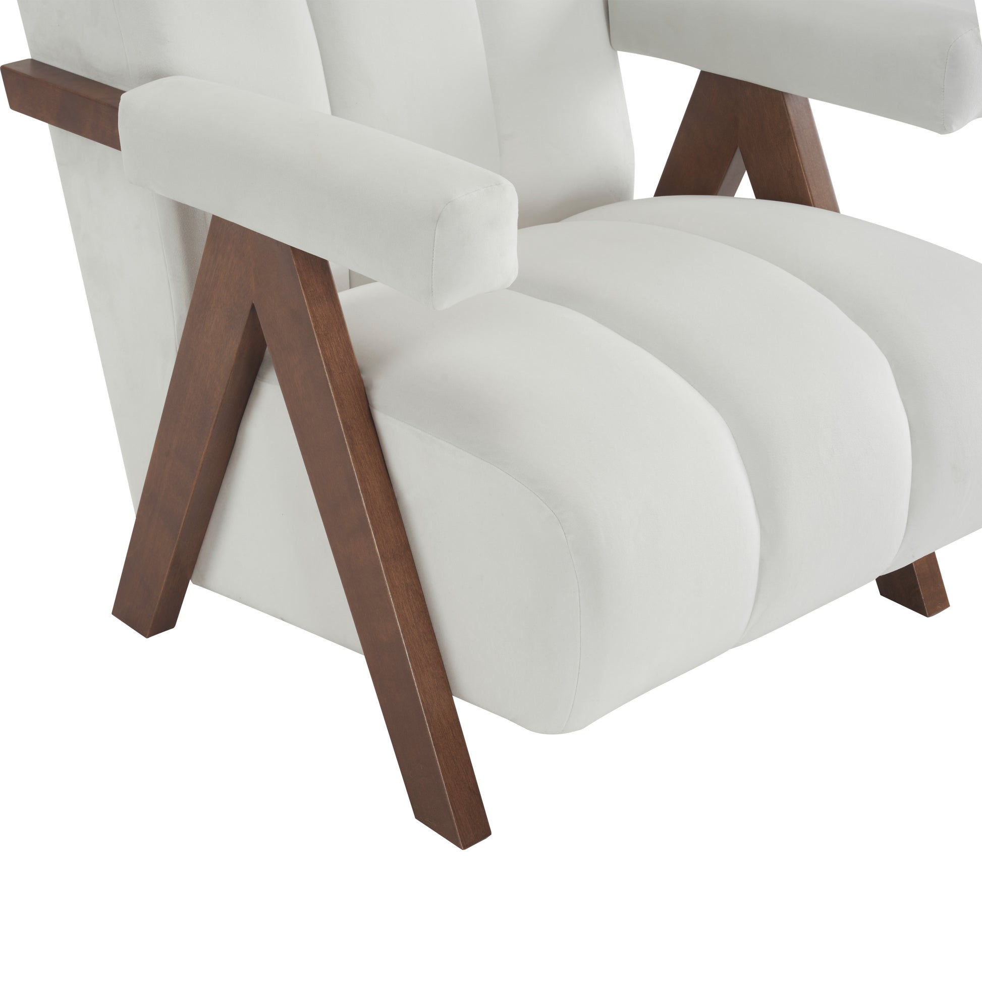 Mid Century Modern Accent Chair With Solid Wood Frame, Upholstered Living Room Chairs With Thick Cushion, Comfy Tufted Arm Chair For Bedroom, Living Room, Velvet, Ivory Ivory White Velvet