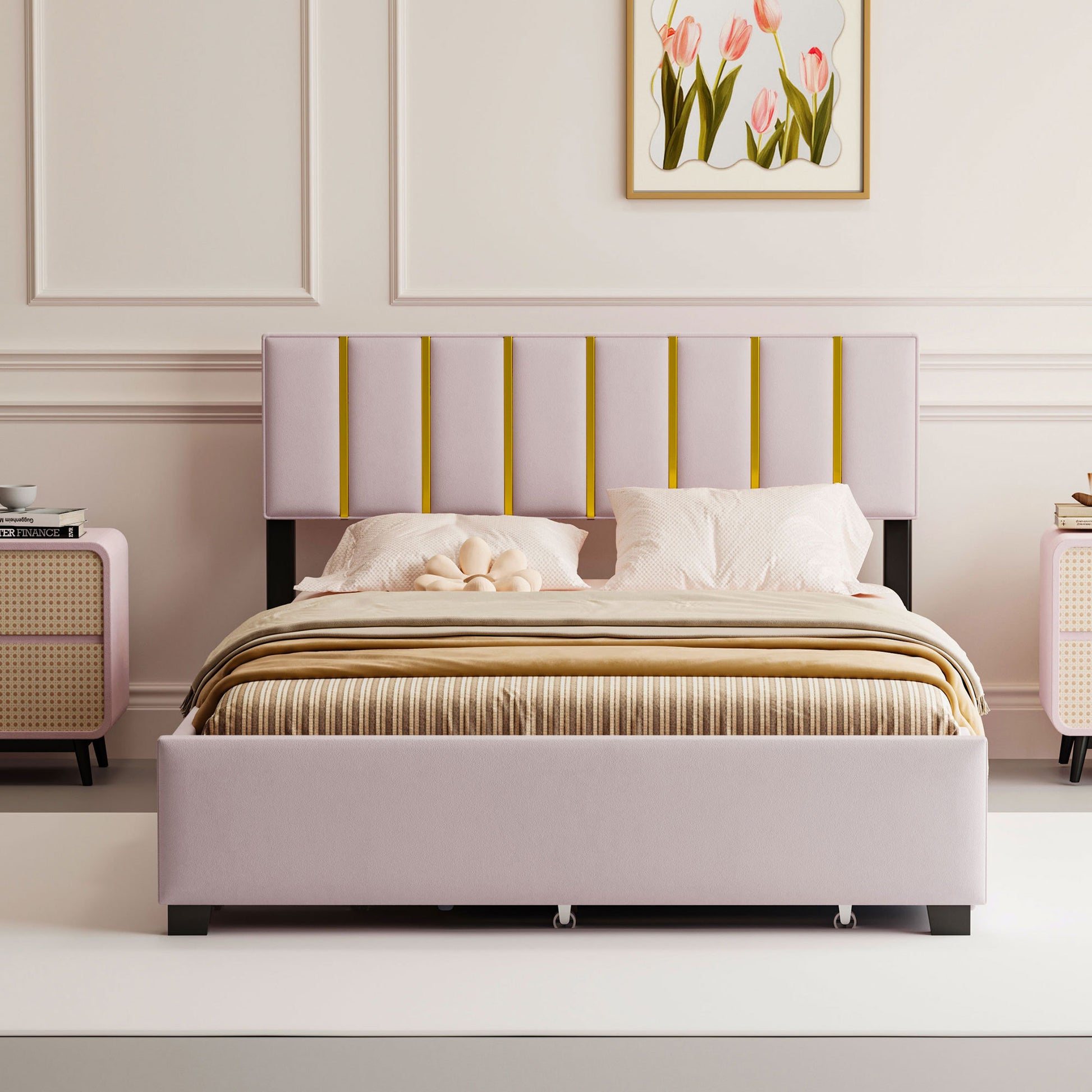 Queen Size Upholstered Platform Bed With 2 Drawers And 1 Trundle, Classic Metal Strip Headboard Design, Pink Queen Pink Mdf Lvl