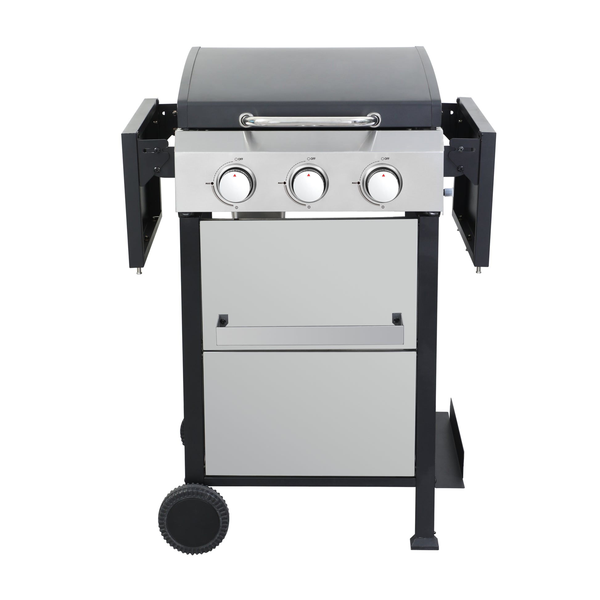 3 Burner Propane Gas Bbq Grill, Ss Plancha, 36900Btu Output With Wire Enamel Cooking Grids For Outdoor Barbecue, Foldable Side Table, Hanging Basket, Stainless Steel Black Silver Garden & Outdoor
