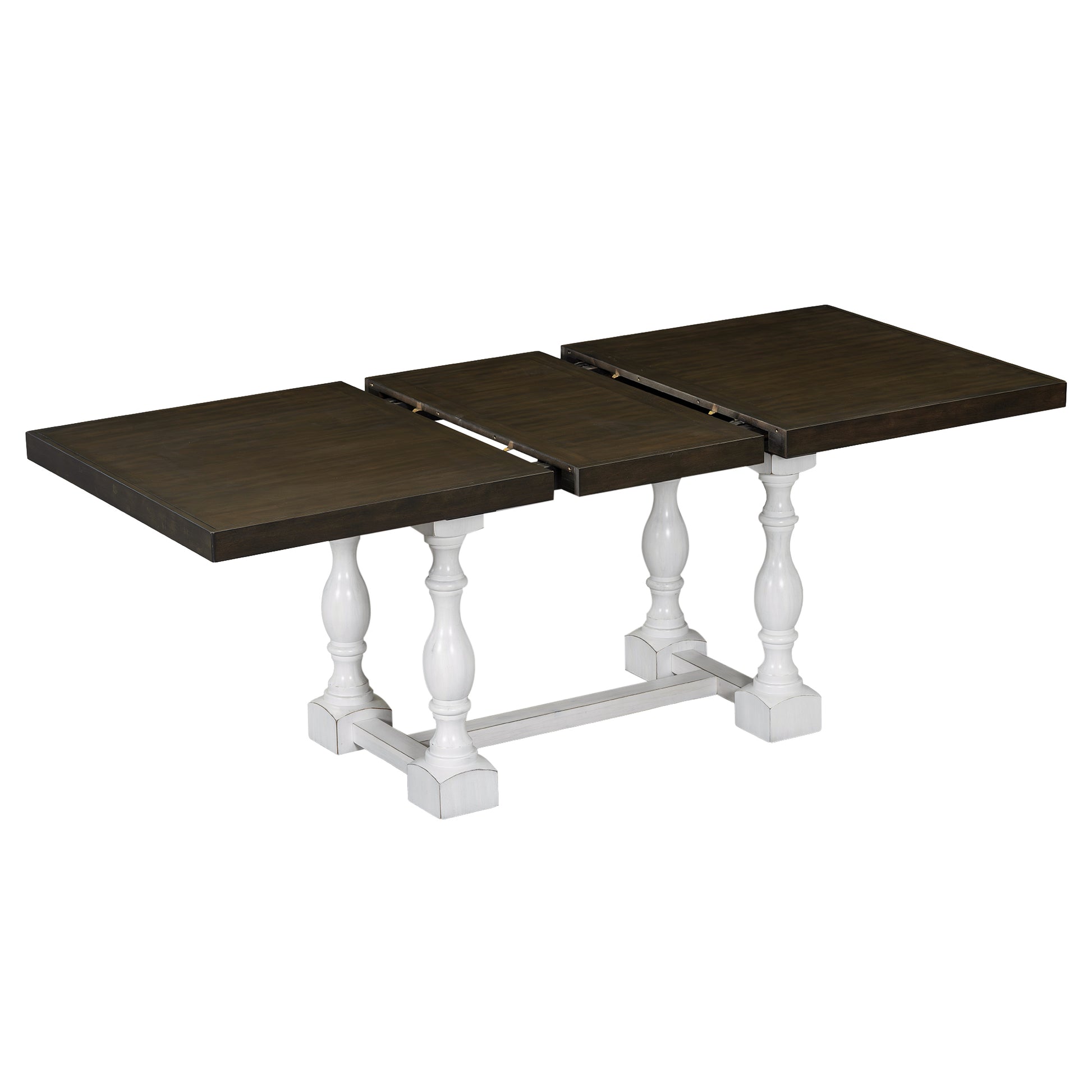 Traditional 6 Piece 78Inch Trestle Extendable Dining Table Set With One 18Inch Removable Leaf, Padded Dining Chairs And Bench,Distressed White Brown Wood Dining Room Solid Wood Rubberwood Rectangular Dining Table With Chair And Bench Upholstered Chair