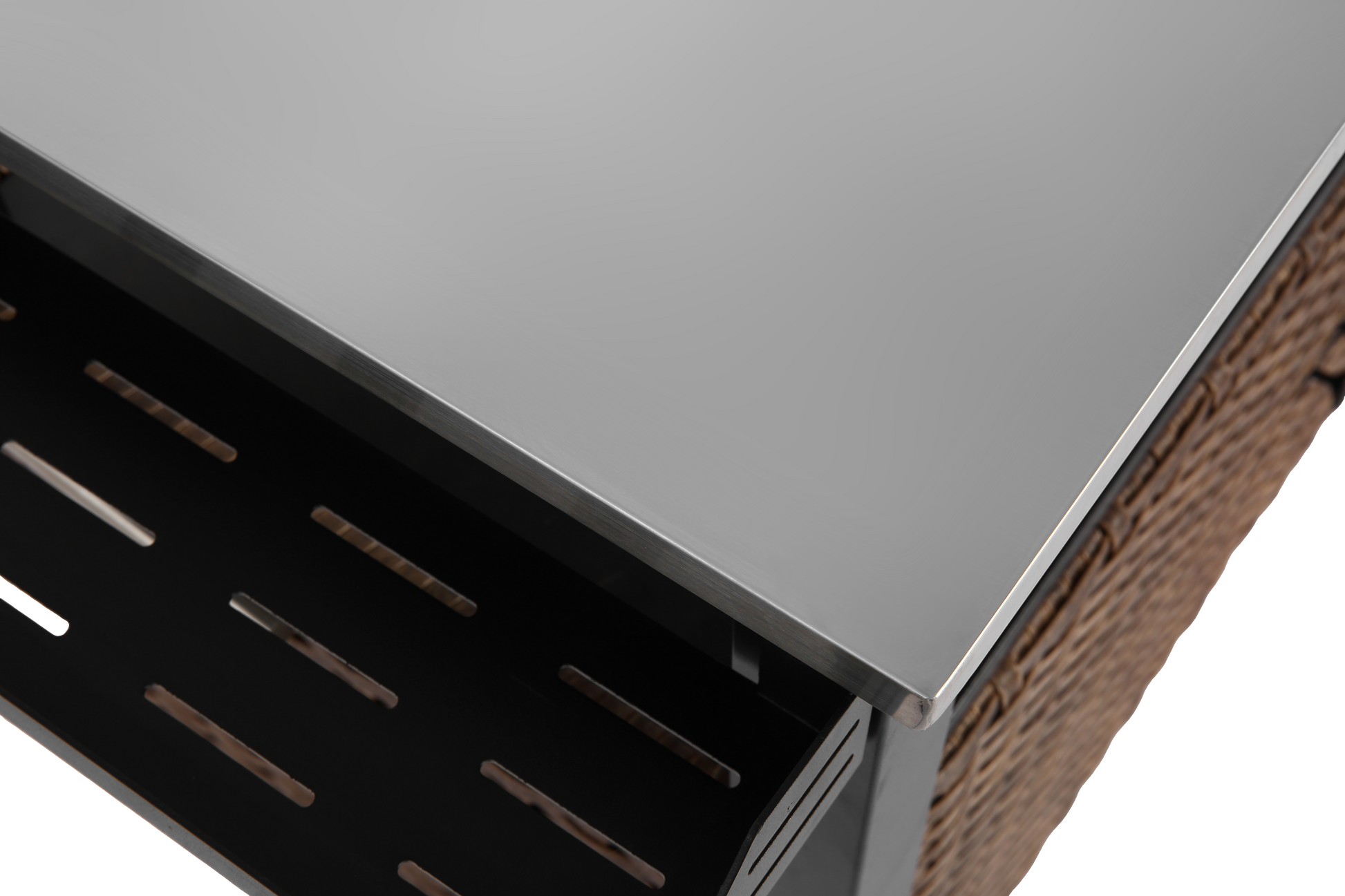 Outdoor Kitchen Wicker Island Rolling Cart & Storage Cabinet, Wheels And Stainless Steel Extended Table Top, Side Handle For Patio Kitchen Or Bar Cart, Brown No Brown Garden & Outdoor Steel