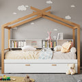 White Twin Size Wooden House Bed With Original Wood Colored Frame Twin Size Trundle And Bookshelf Storage Space For Children Or Guest Room Twin White Wood