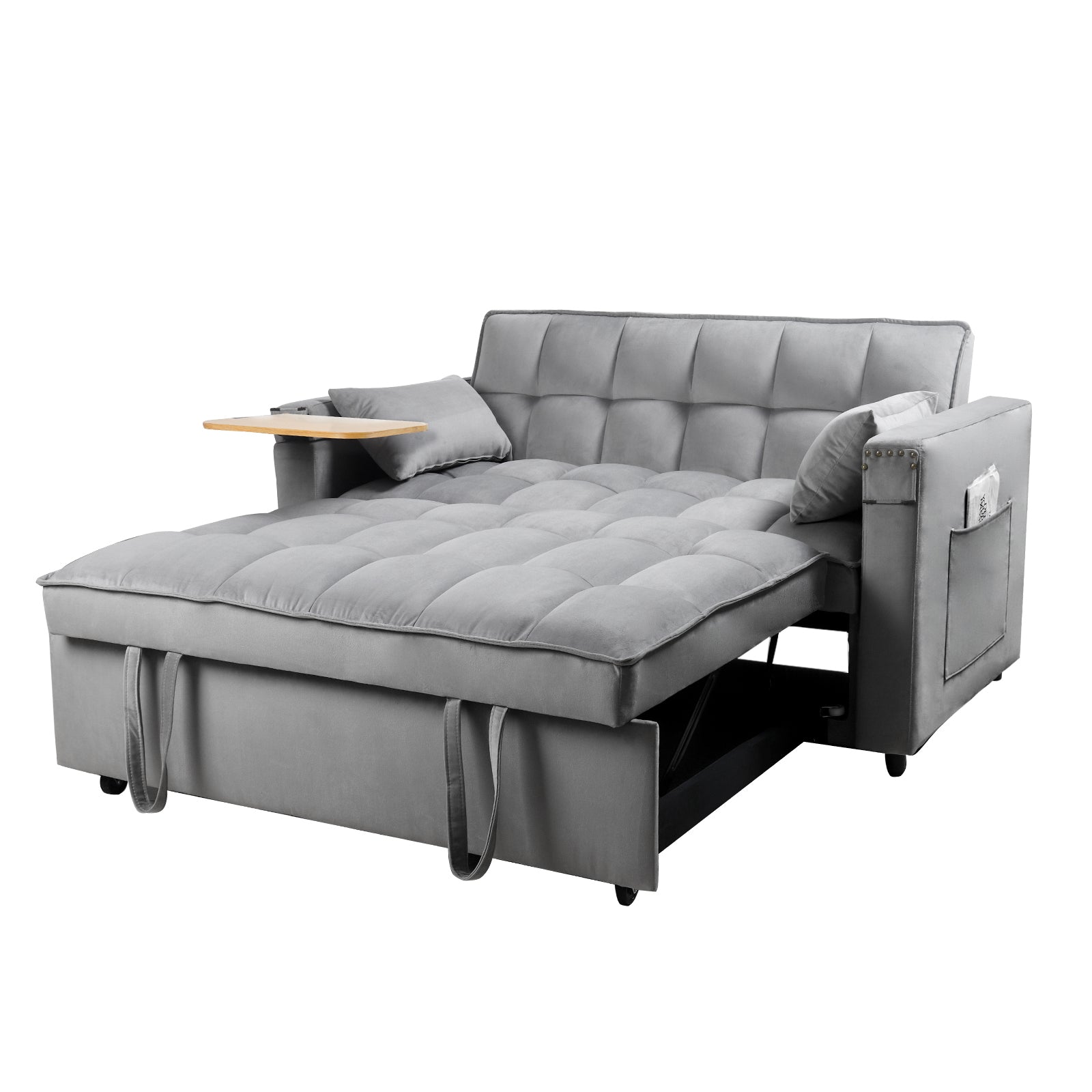 Convertible Sofa Bed In 3 Lengths, Modern Velvet Pull Out Bed, Adjustable Back And With Usb Port And Hidden Laptop Desk Table For Living Room, Small Space,Grey Grey Velvet 2 Seat