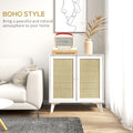 Homcom Boho Storage Cabinet, Kitchen Cabinet With 2 Rattan Doors, White White Particle Board