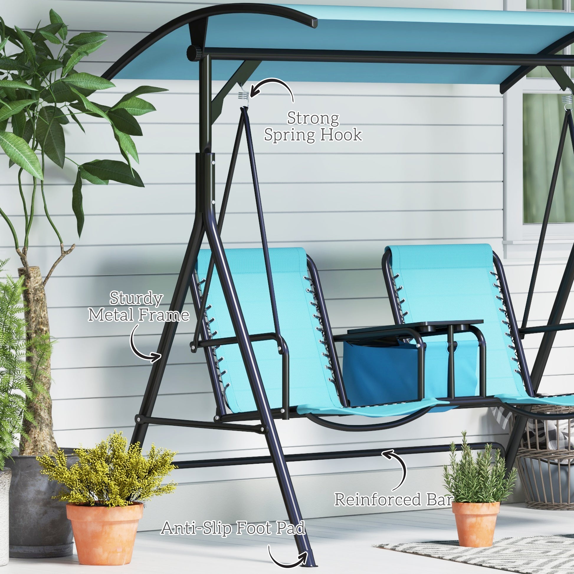 Outsunny 2 Seat Patio Swing Chair, Outdoor Canopy Swing Glider With Pivot Storage Table, Cup Holder, Adjustable Shade, Bungie Seat Suspension And Weather Resistant Steel Frame, Blue Blue Steel