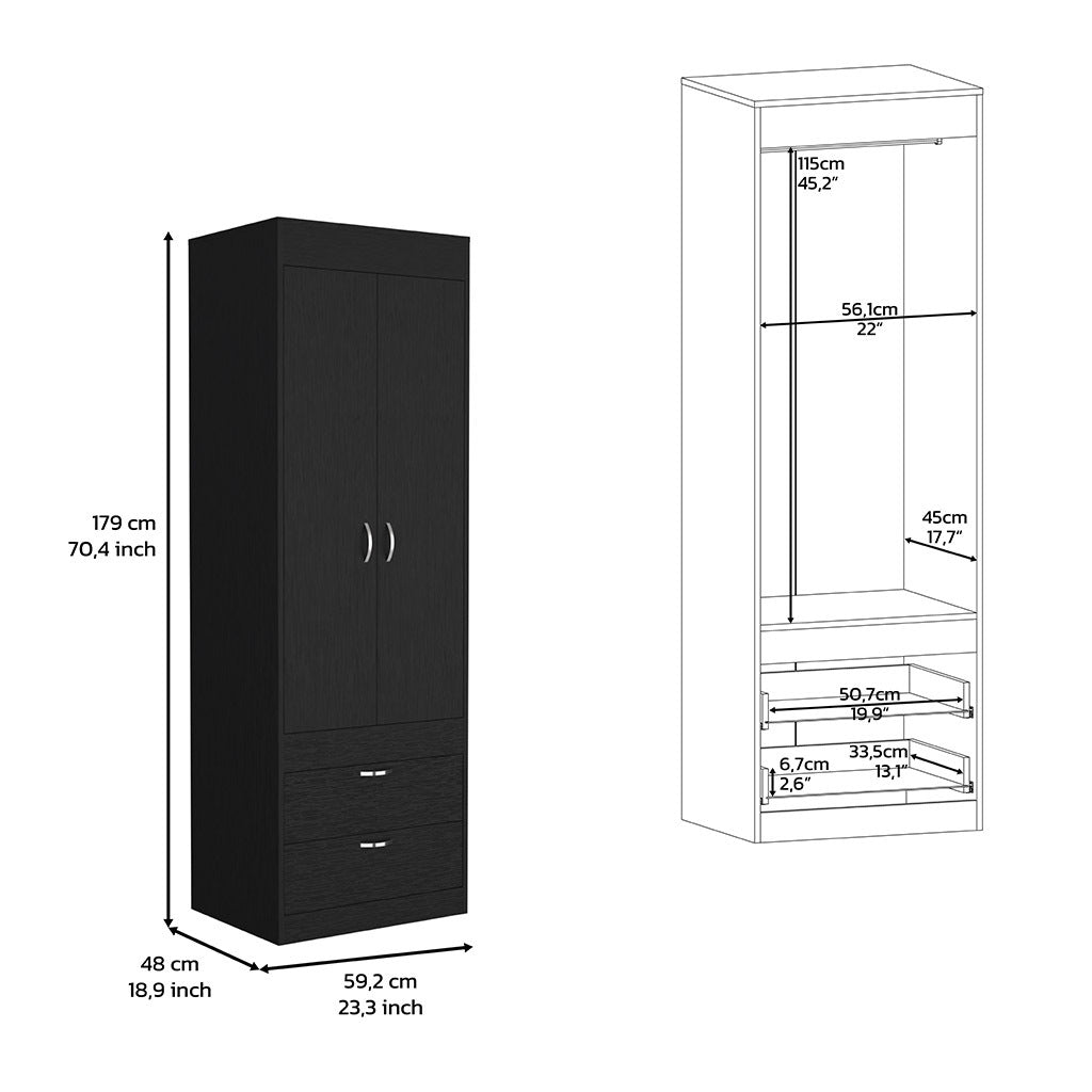 Armoire 70H", Double Door Cabinet, Two Drawers, Metal Handles, Rod, Black Black Particle Board Particle Board