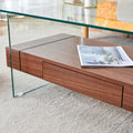 43.3 Inch Modern Two Tier Coffee Table Clear Tempered Glass And Dark Wood Grain, Multifunctional Storage Design.The Bottom Tier Includes A Drawer.Can Be Used As A Coffee Table,Side Table,Etc.