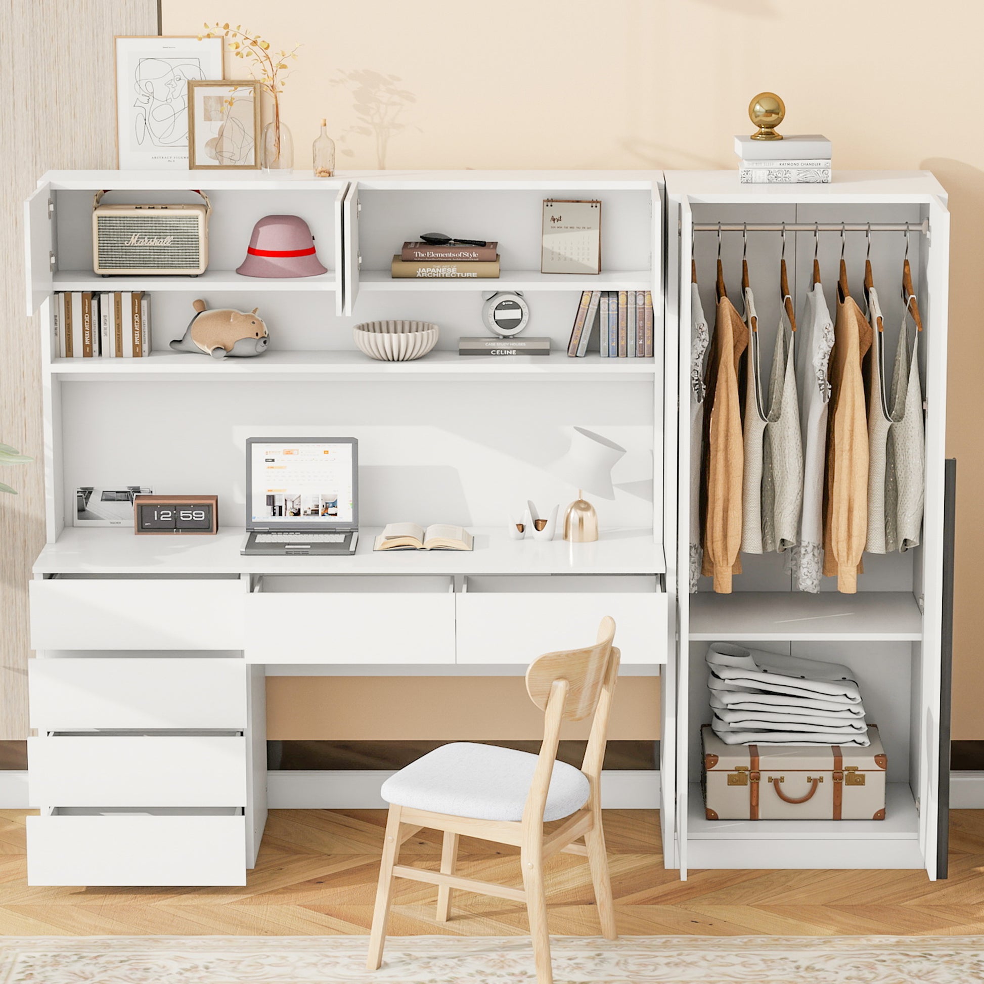 2 Door Wooden Storage Desk Wardrobe For Bedroom With Shelves And Drawers, White White Mdf Lvl