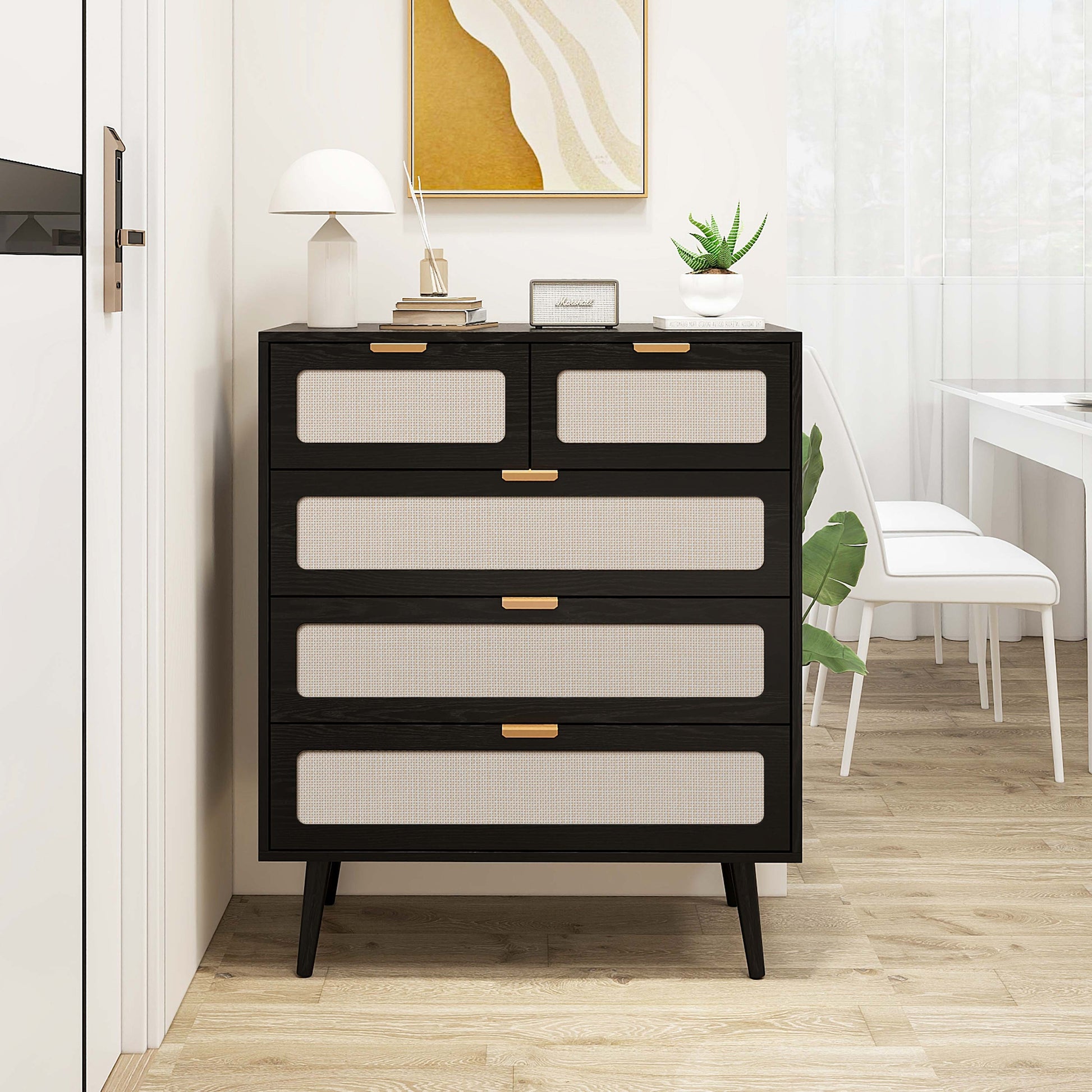 5 Drawer Cabinet, Accent Storage Cabinet, Suitable For Living Room, Bedroom, Dining Room, Study Black Mdf