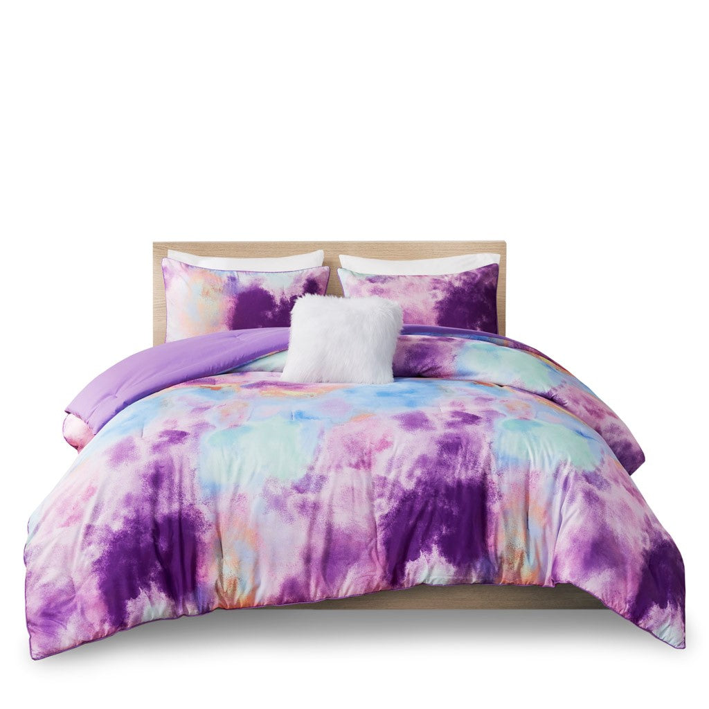 Watercolor Tie Dye Printed Comforter Set With Throw Pillow Queen Multicolor Polyester