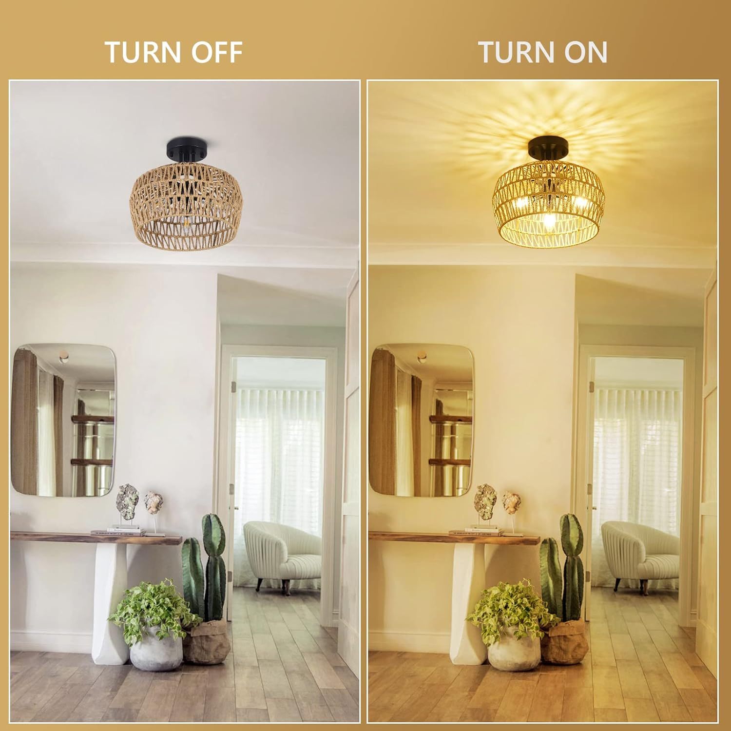 Semi Flush Mount Ceiling Light, Rattan Light Fixture Ceiling Mount With Handmade Wicker Lampshade, 3 Lights Boho Chandelier, Woven Close To Ceiling Light For Bedroom Hallway Living Room Kitchen Brown Rattan Metal