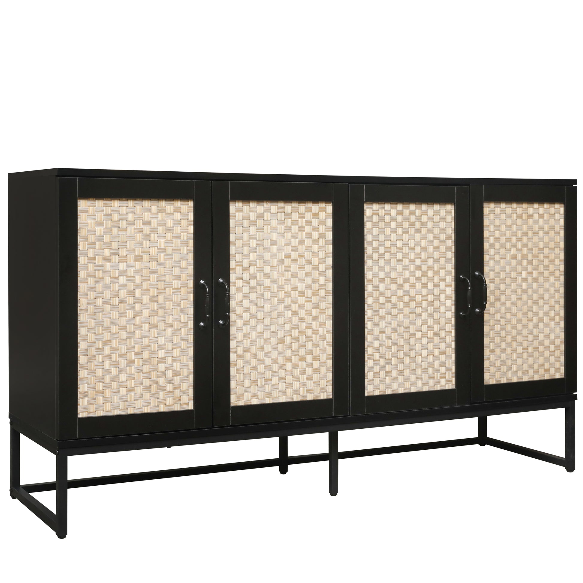 Rattan 4 Door Sideboardsideboard Buffet Storage Cabinet,Accent Storage Cabinetlarge Cabinet With 4 Rattan Decorated Doors For Living Room Dining Room Black Modern Particle Board Mdf