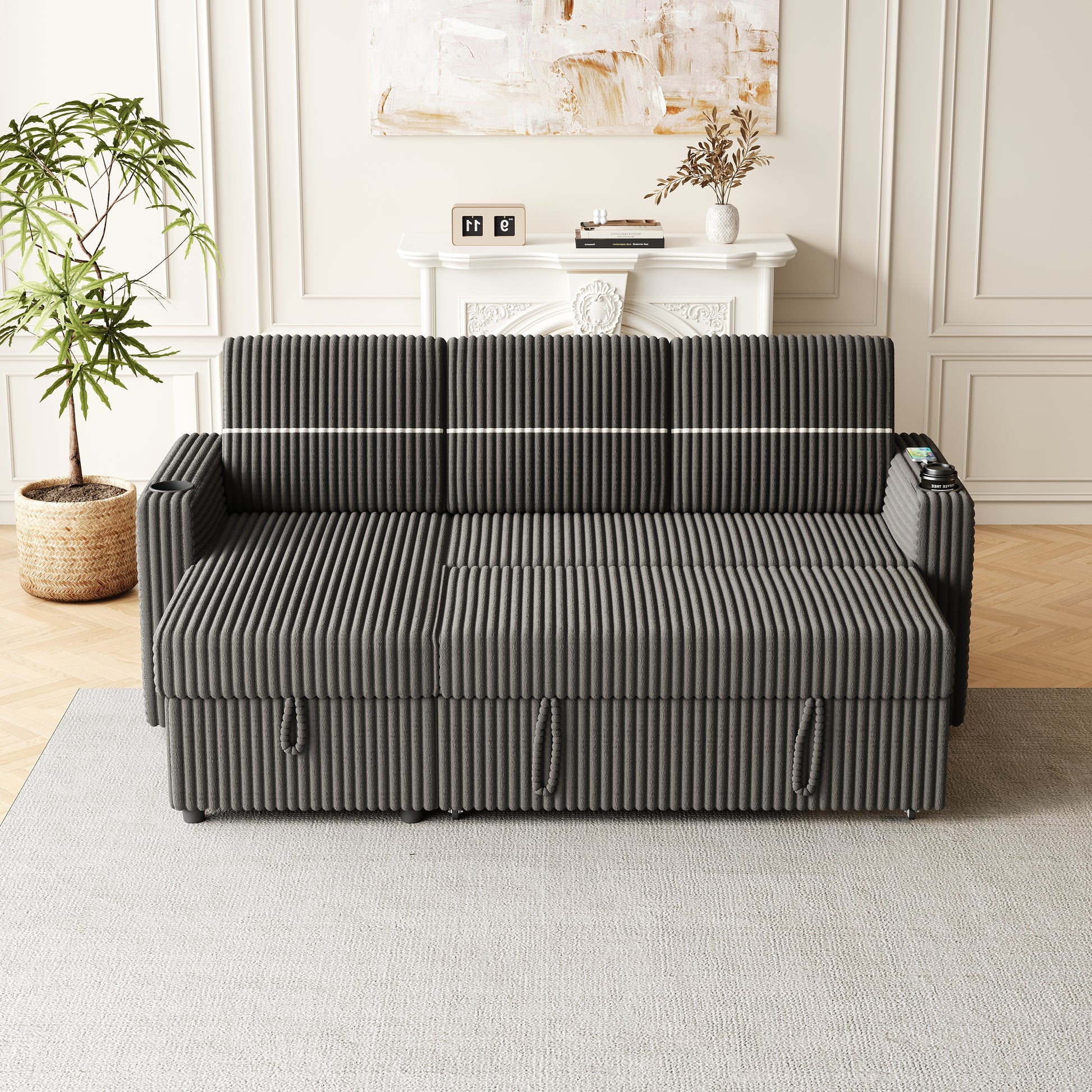 85 Inches Corduroy Sofa Bed, 3 Seater Sleeper Sofa With Storage Chaise, Square Handrail With Two Cup Holder And Usb Charge Port, Pull Out Couch For Living Room Dark Grey Corduroy 3 Seat