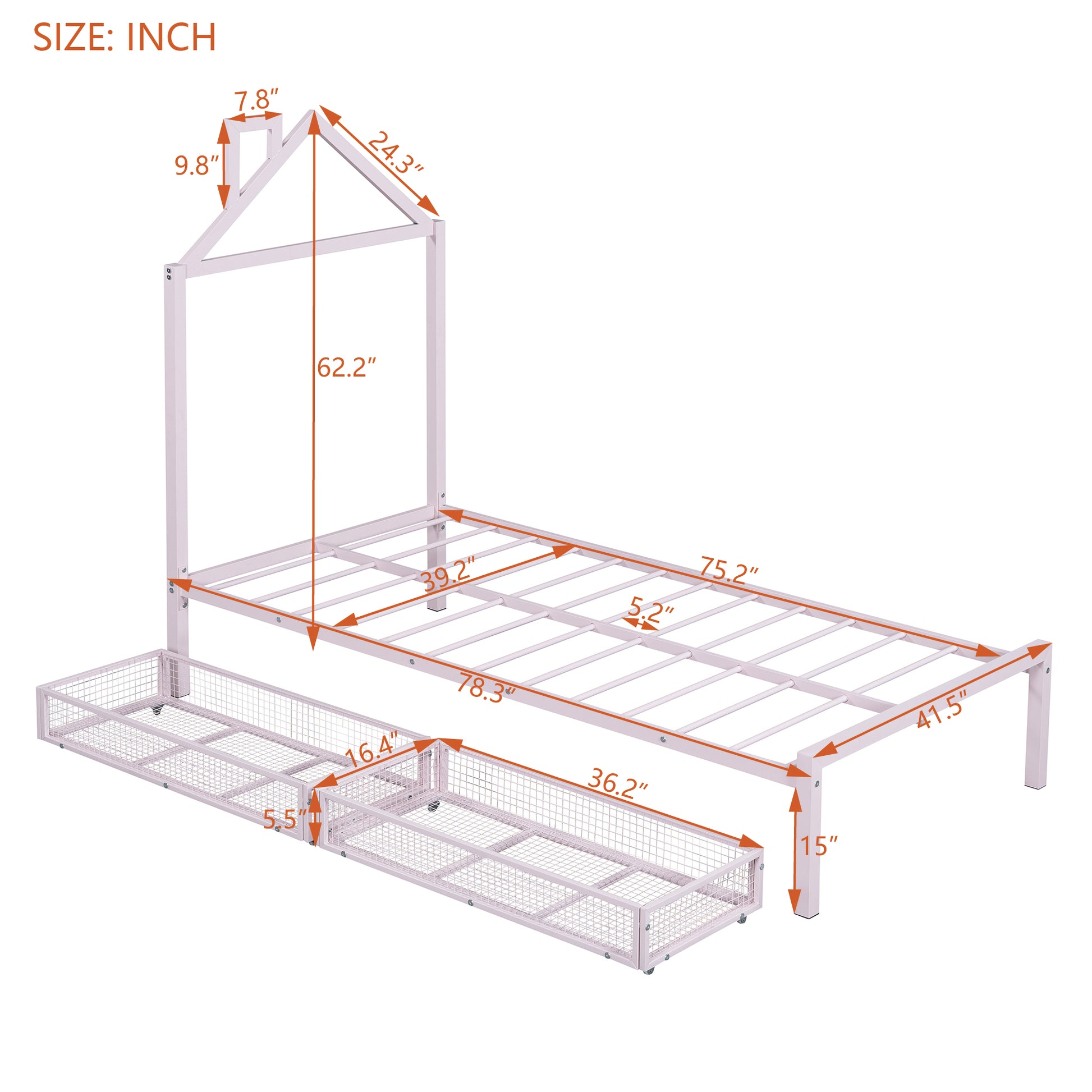 Twin Size Metal Platform Bed With Two Drawers,House Shaped Headboard Design, Pink Twin Pink Metal