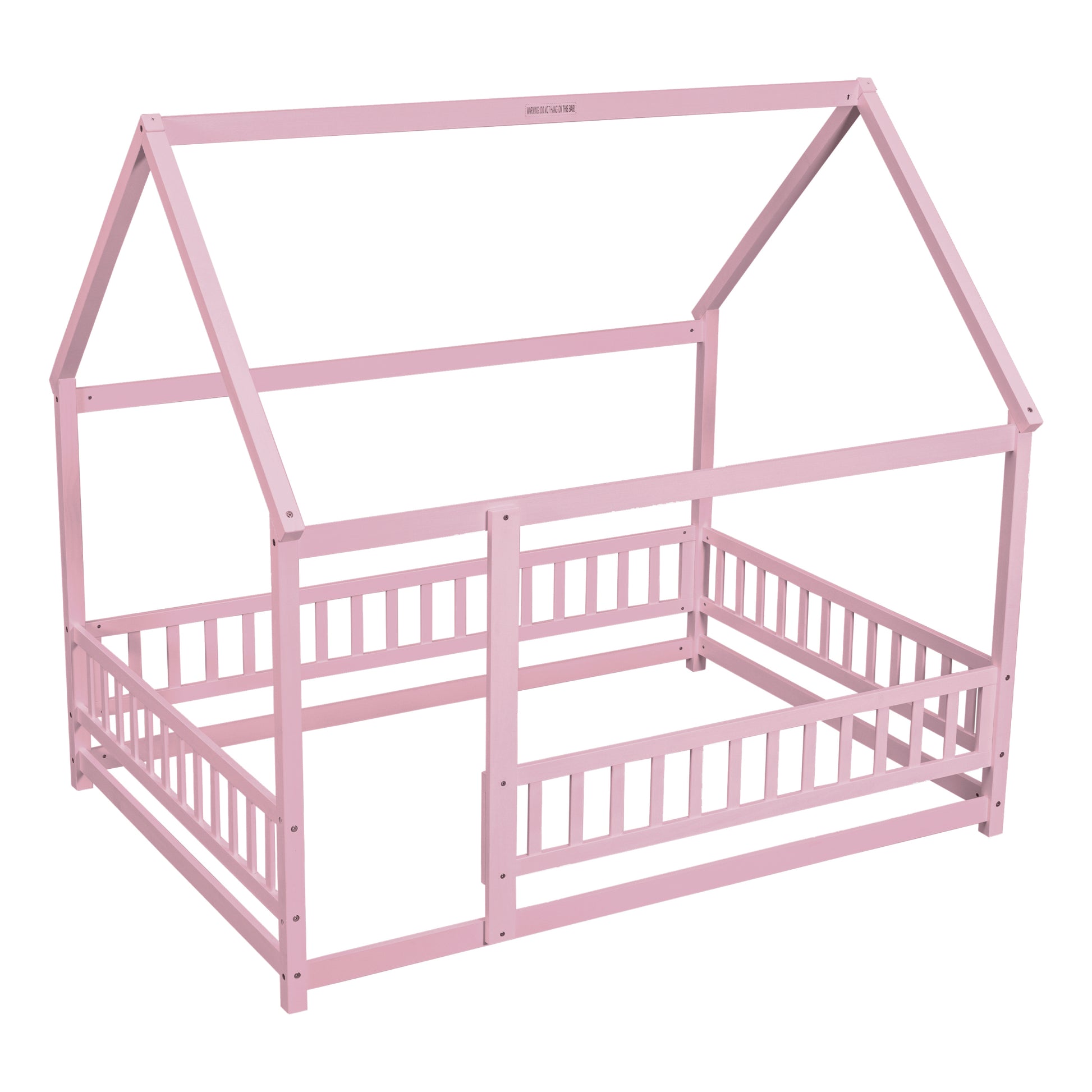 Full Size Floor Wooden Bed With House Roof Frame, Fence Guardrails ,Pink Full Pink Pine