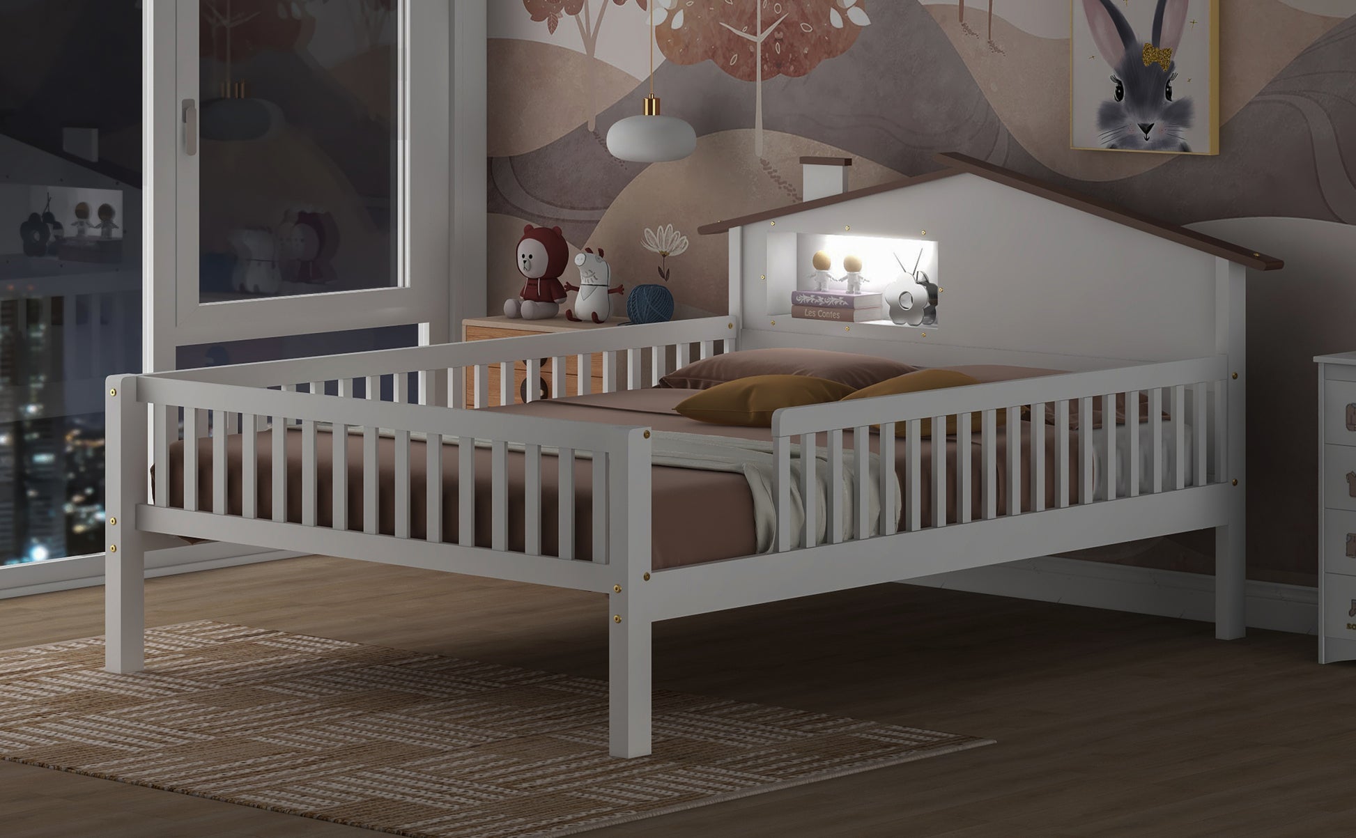 Full Size Wood Platform Bed With House Shaped Headboard, Led And Built In Storage, White Box Spring Not Required Full White Wood Bedroom Bed Frame Wood