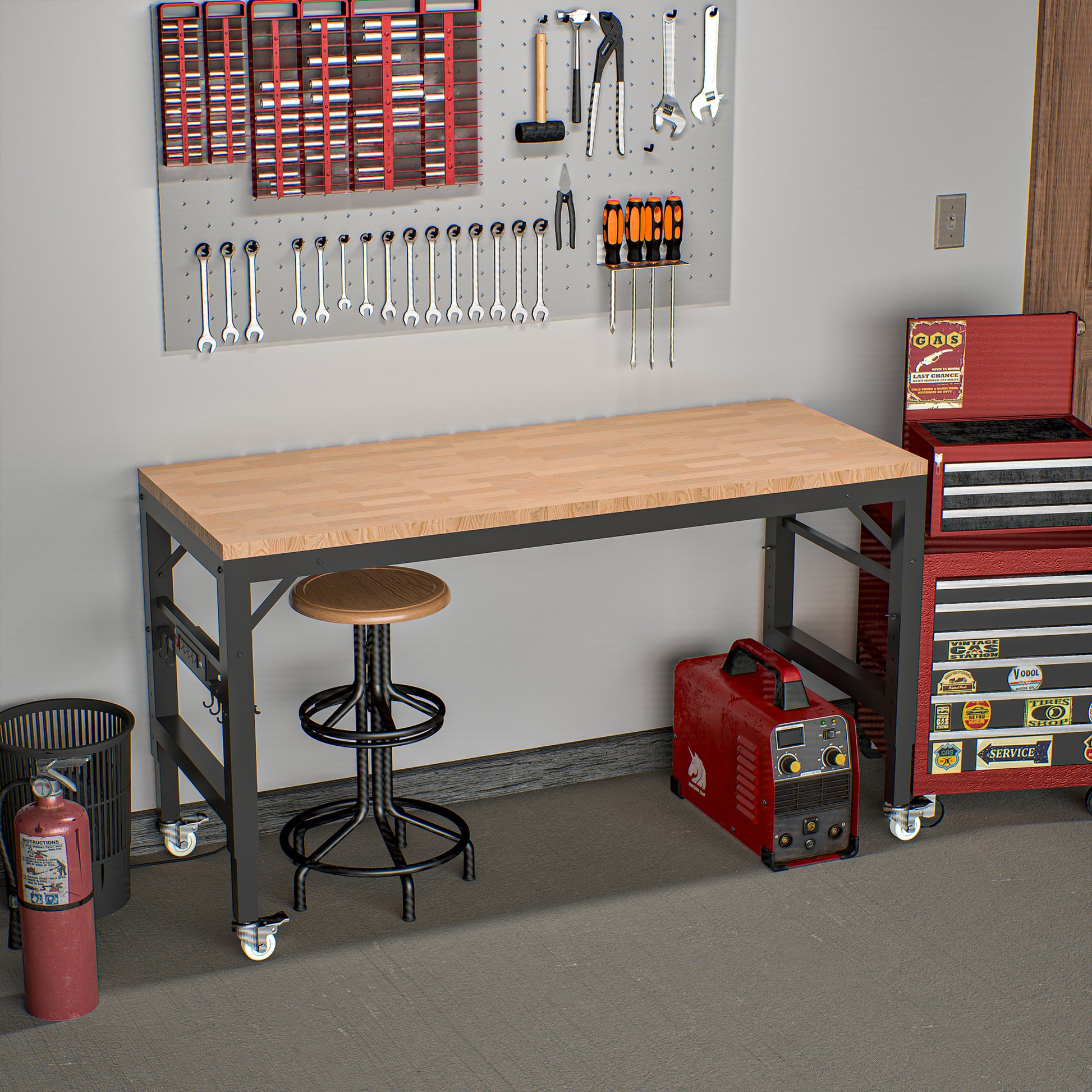 60" Adjustable Workbench For Garage, Rubber Wood Heavy Duty Workstation With Power Outlets & Wheels, 2000 Lbs Load Capacity Hardwood Worktable For Workshop, Garage, Office, Home, Commercial Black Metal & Wood