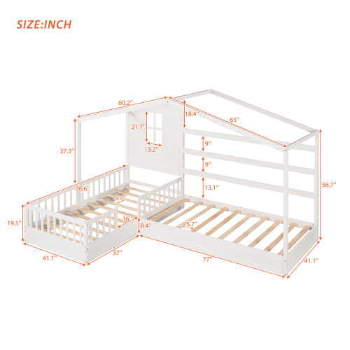 Wood House Bed Twin Size, 2 Twin Solid Bed L Structure With Fence And Slatted Frame, White Twin White Plywood