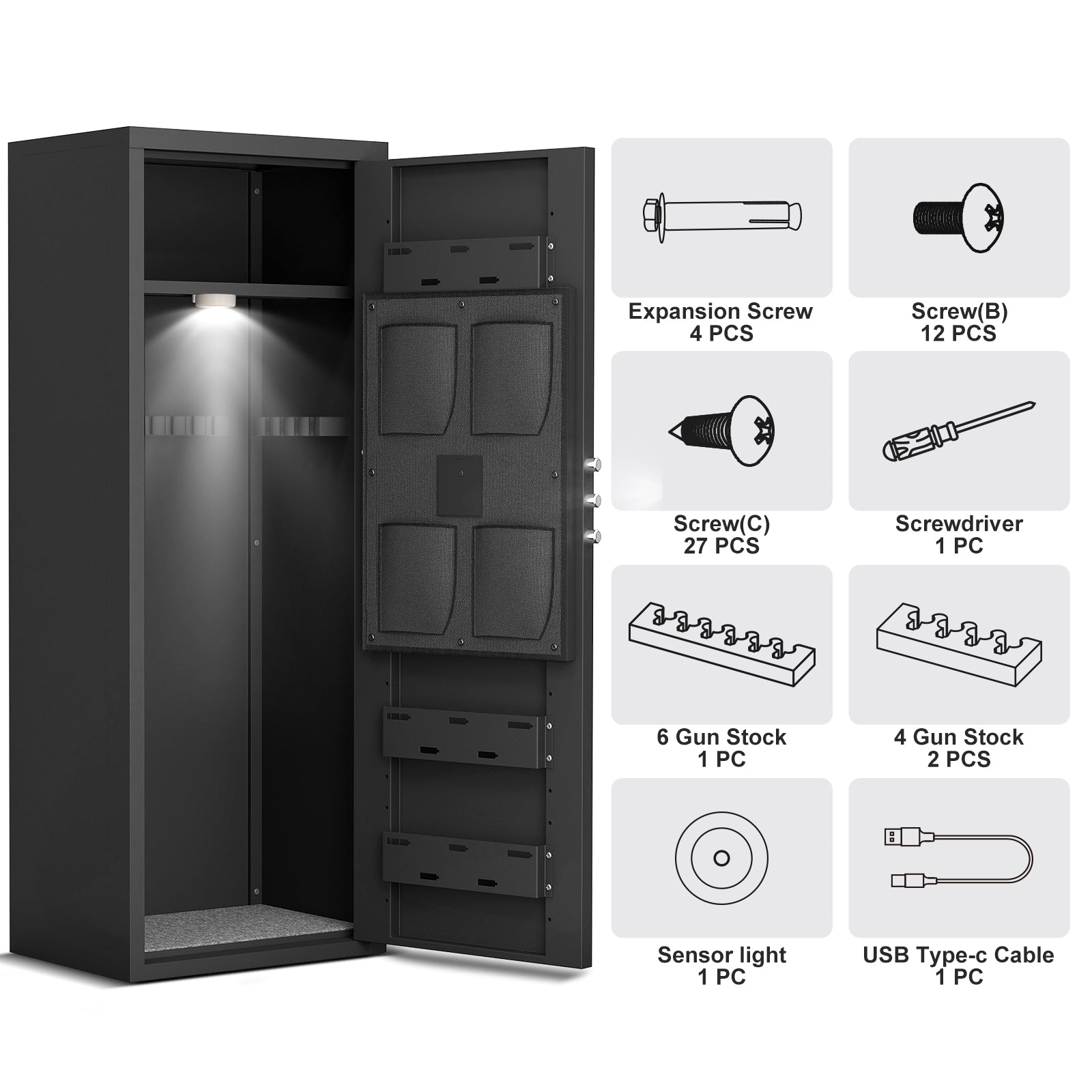 Heavy Duty All Steel Unassembledcabinet Biometric Lock, Dual Alarm Function, 7 8Capacity, Silent Operation, Emergency Battery Box, Adjustable Stock Black Steel