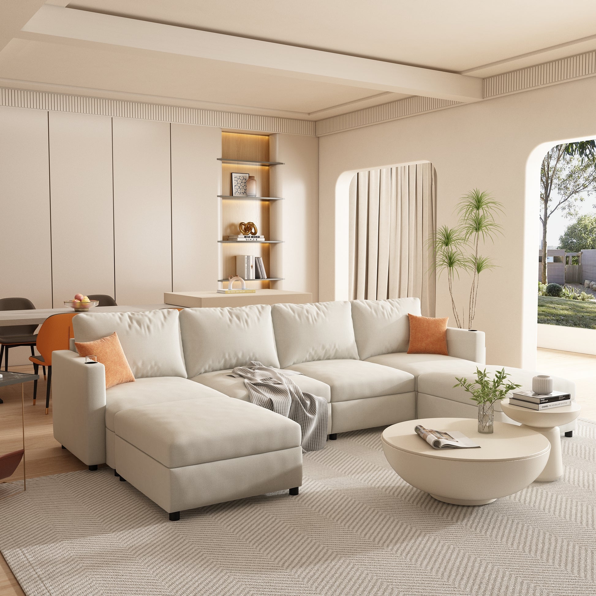 Modern Large Sectional Sofa, U Shape Modular Sectional Couch With Storage Function,123" Sofa Bed With Ottoman,6 Seat Sectionals Chaise For Living Room,Chenille Antique White Fabric 6 Seat