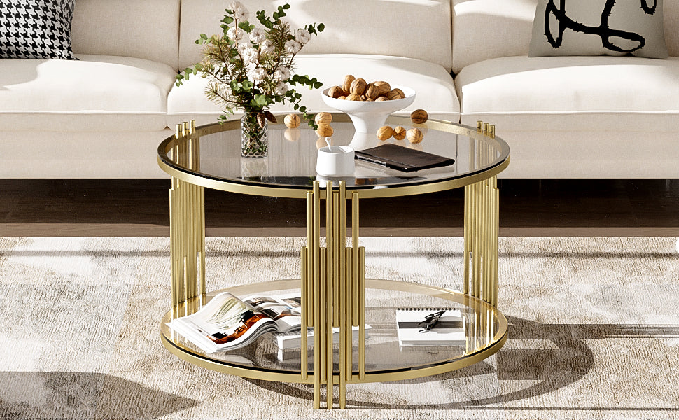 Modern Glass Coffee Table In 31.5", Asymmetrical Metal, Circular Metal Drum Base, Gold Finish & Lower Shelf Transparent Tempered Glass