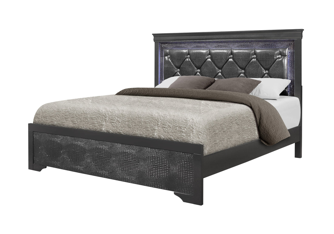 Shaker Crocodile Metallic Grey Full Bed With Led Metallic Grey Solid Wood Mdf