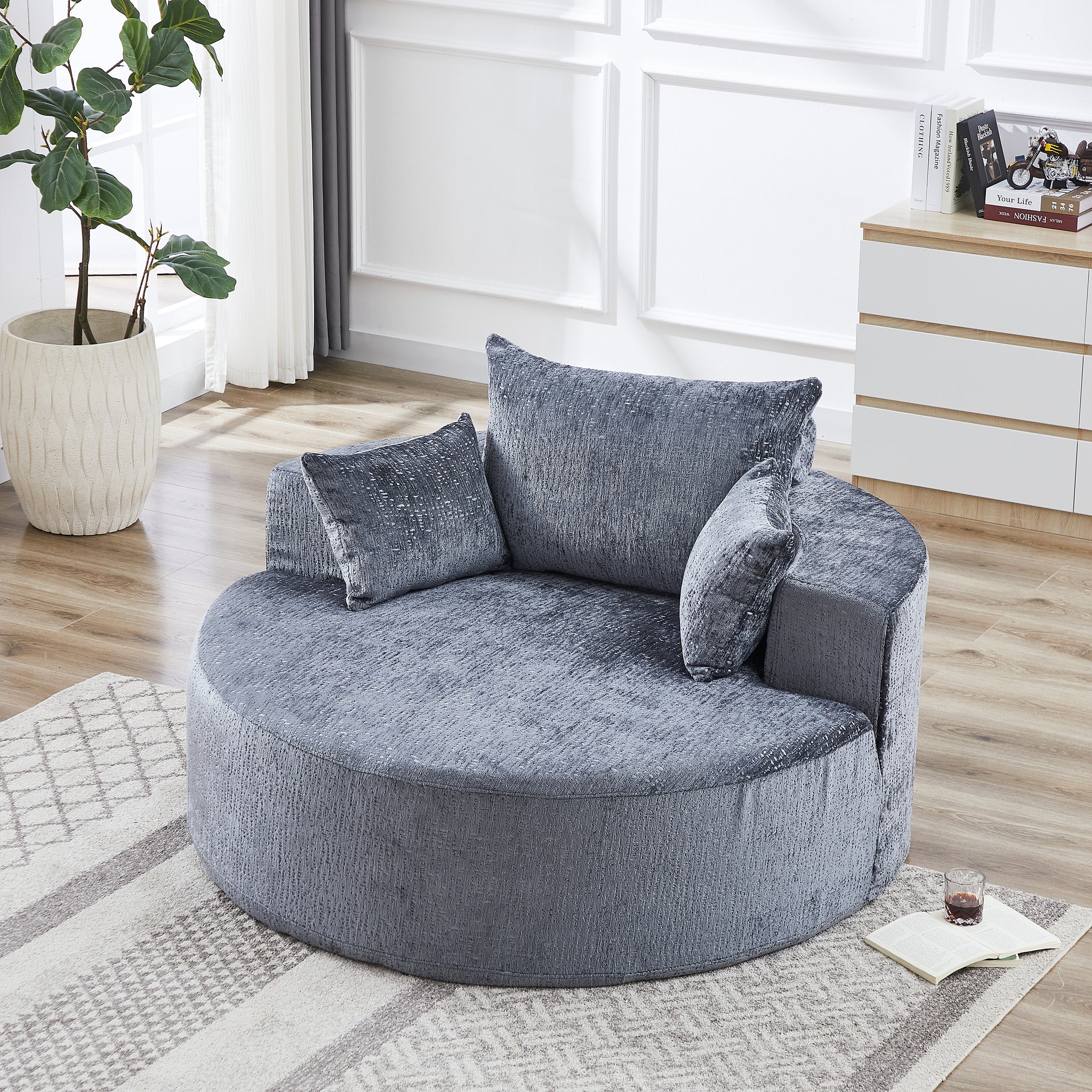 55''L Chenille Sponge Single Sofa,No Assembly Required,Fluffy Modern Sleeper Chair For Living Room, Bedroom, Lounge And Projection Room Not A Swivel Chair. Grey Foam Chenille 1 Seat