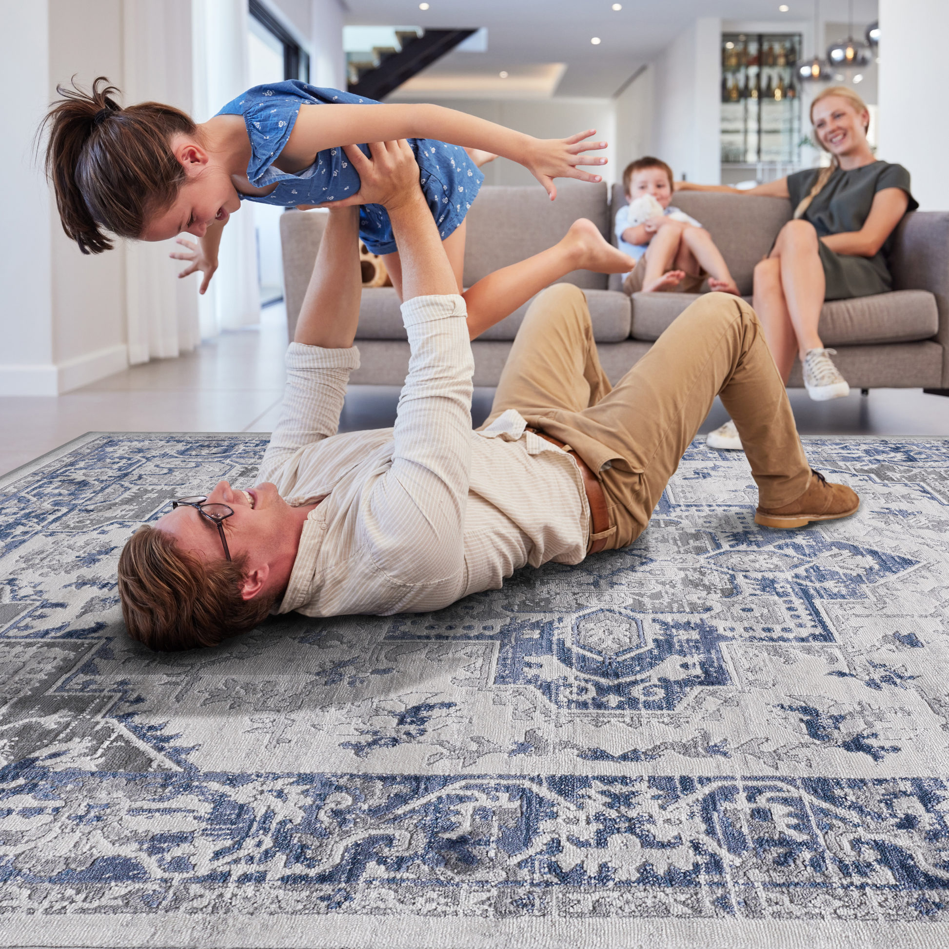 6X9 Blue Grey Oriental Non Shedding Living Room Bedroom Dining Home Office Stylish And Stain Resistant Area Rug Blue Grey Polyester