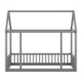 Twin Size Floor Wooden Bed With House Roof Frame And Safety Guardrails ,Gray Twin Gray Pine