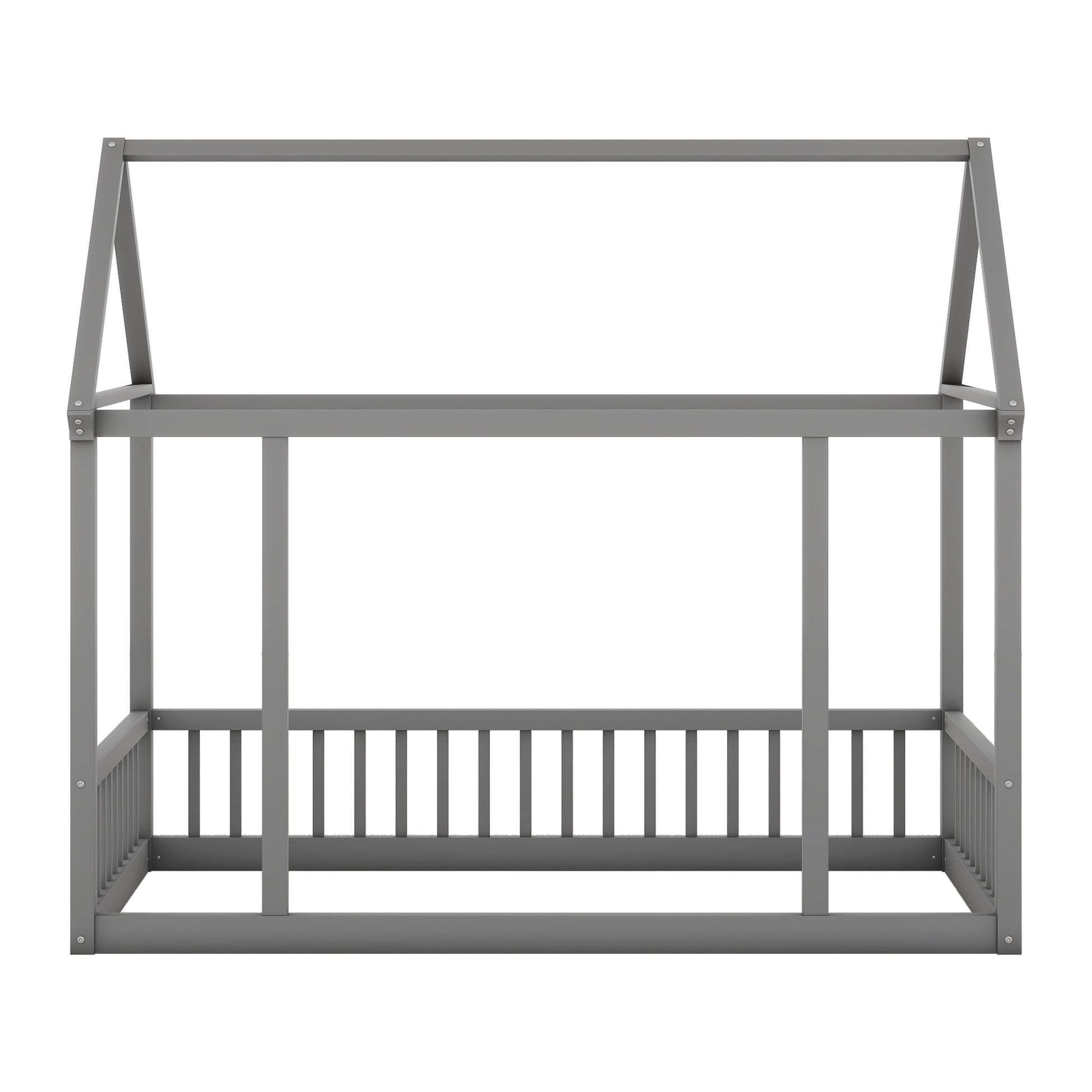 Twin Size Floor Wooden Bed With House Roof Frame And Safety Guardrails ,Gray Twin Gray Pine