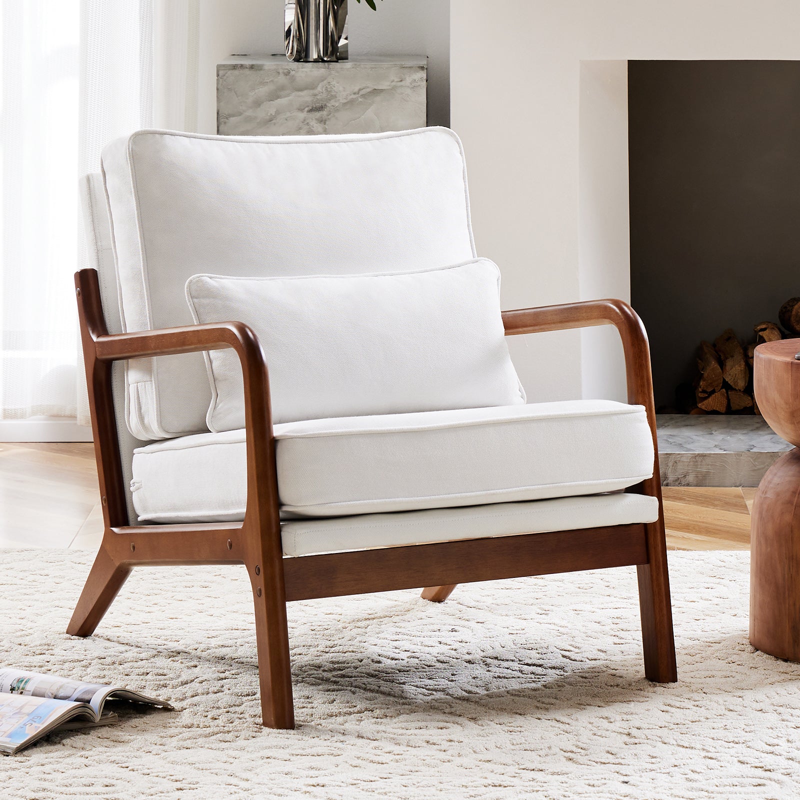 Chair With Lumbar Pillow, Lounge Arm Chairs, Linen Fabric Comfy Reading Chair With Wood Frame For Living Room Beige Acacia Wood