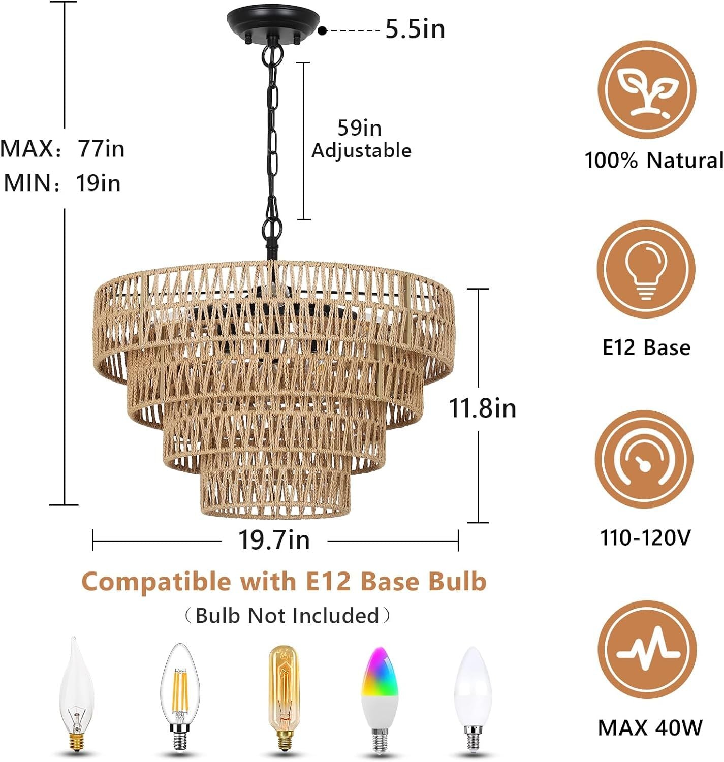 Boho 6 Light Rattan Chandelier Brown Rattan Metal