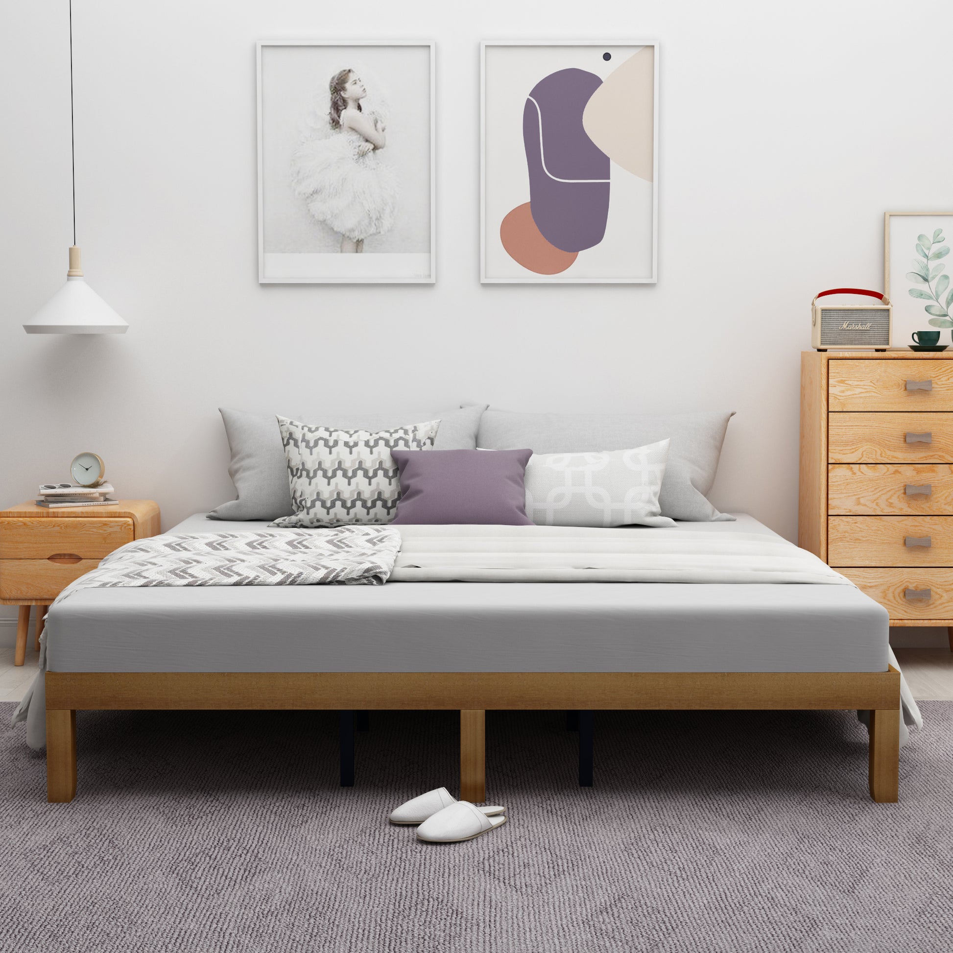 Queen Size Wood Platform Bed Frame,No Box Spring Needed,Strong Wood Slat Support, Easy Assembly Queen Brown White Rubber Wood