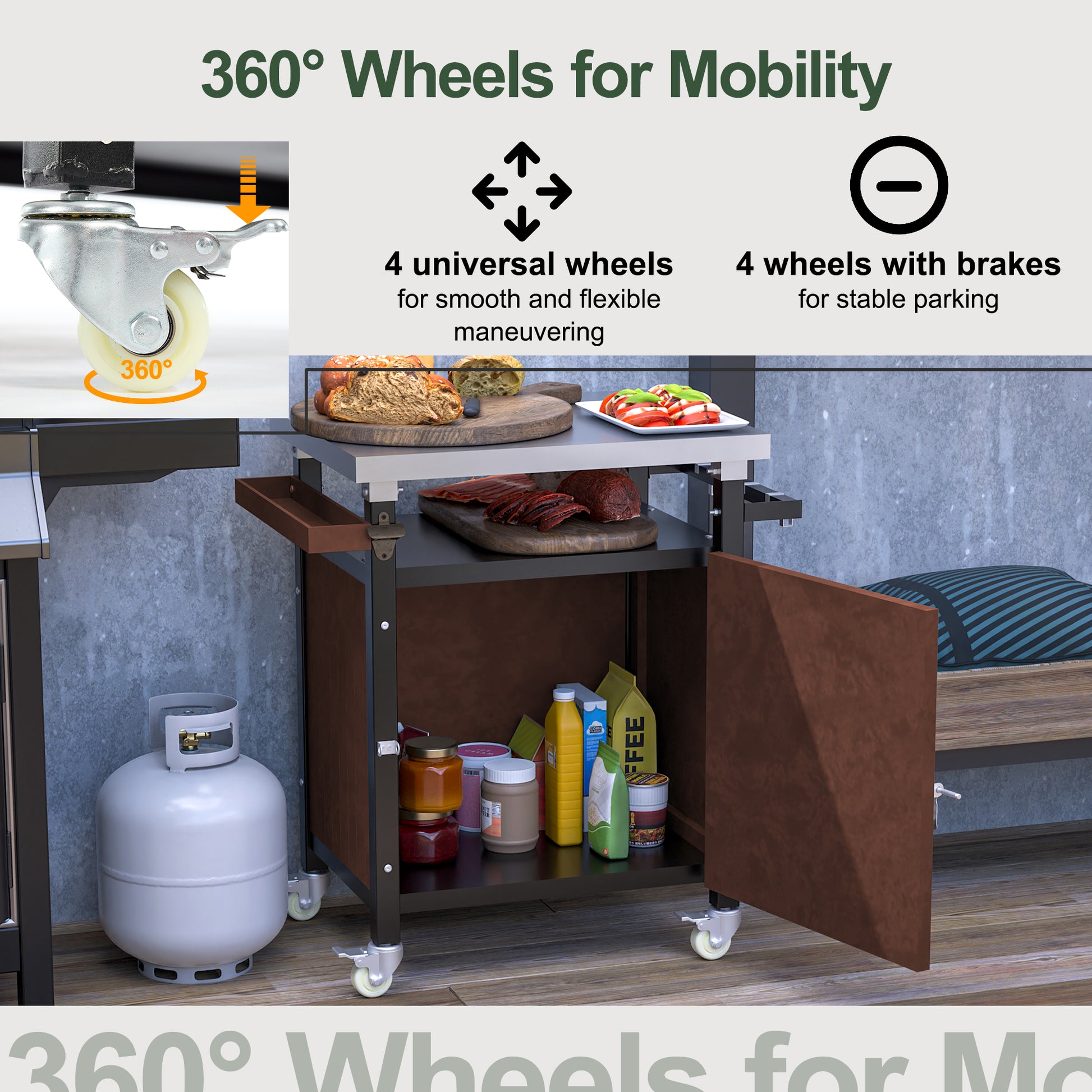 Outdoor Grill Cart With Stainless Steel Tabletop, Storage, Patio Kitchen Island With Wheels, Hooks, And Spice Rack, Waterproof Outdoor Grill Table, Movable Bbq Serving Cart Rolling Bar Cart Brown