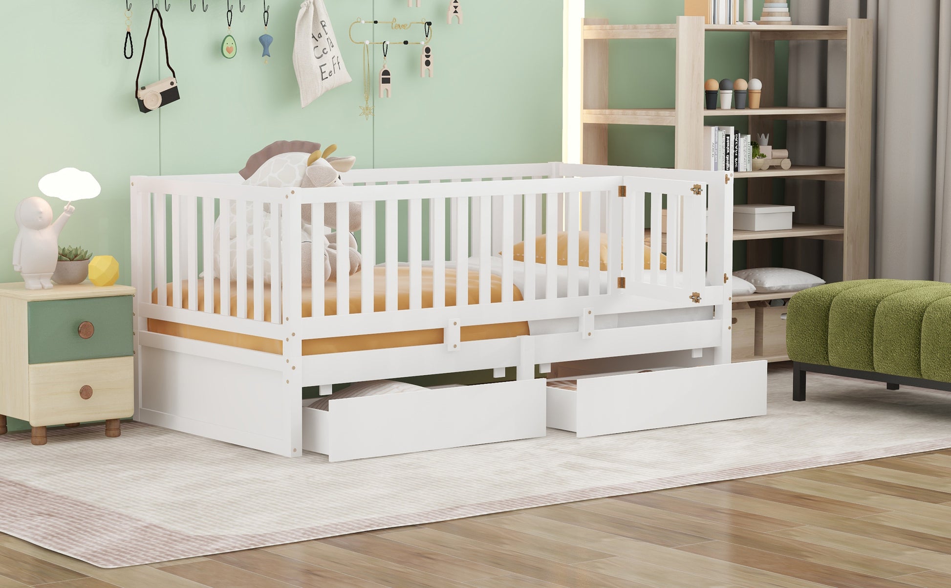 Twin Size Wood Daybed With Fence Guardrails And 2 Drawers, Split Into Independent Floor Bed & Daybed, White Old Sku :Lp000881Aak Twin White Solid Wood Mdf