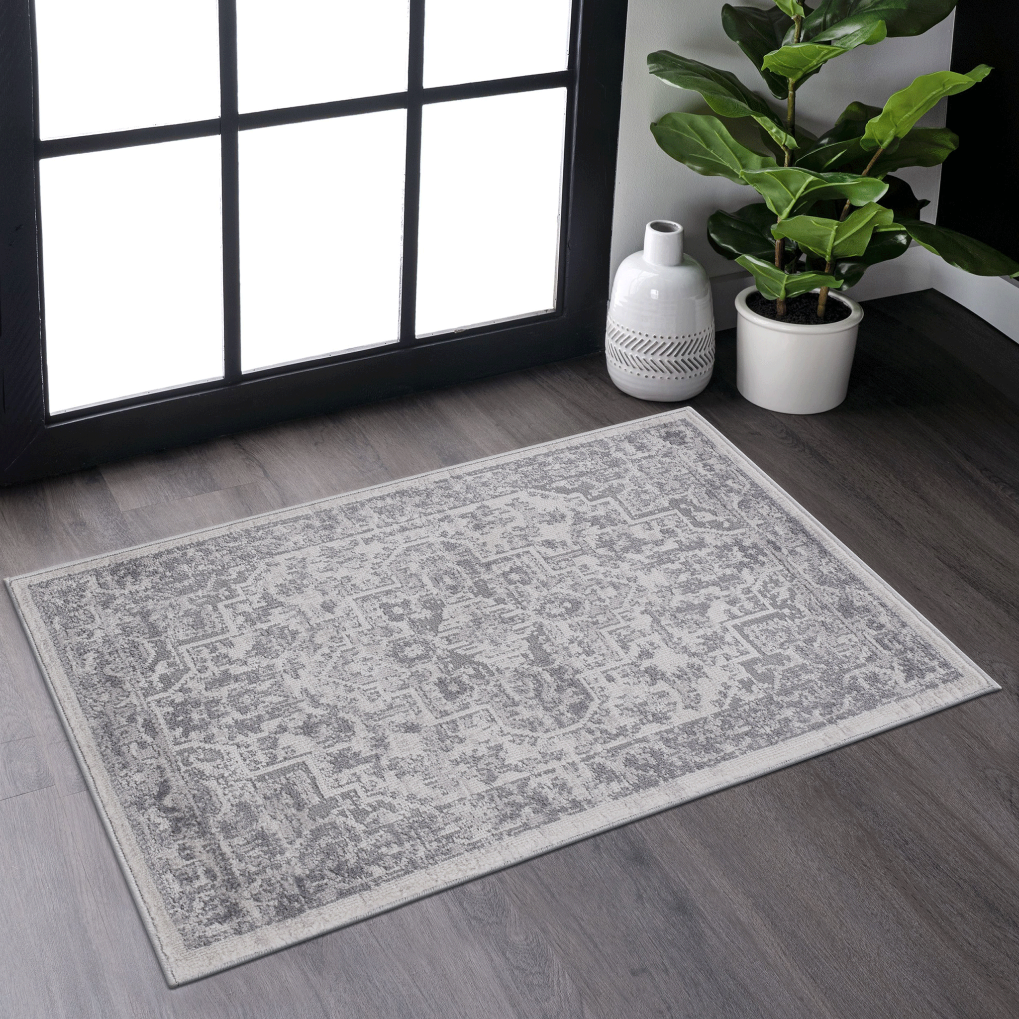 Naar Marfi Collection 2X3 Silver Oriental Non Shedding Living Room Bedroom Dining Home Office Stylish And Stain Resistant Area Rug Silver Polyester