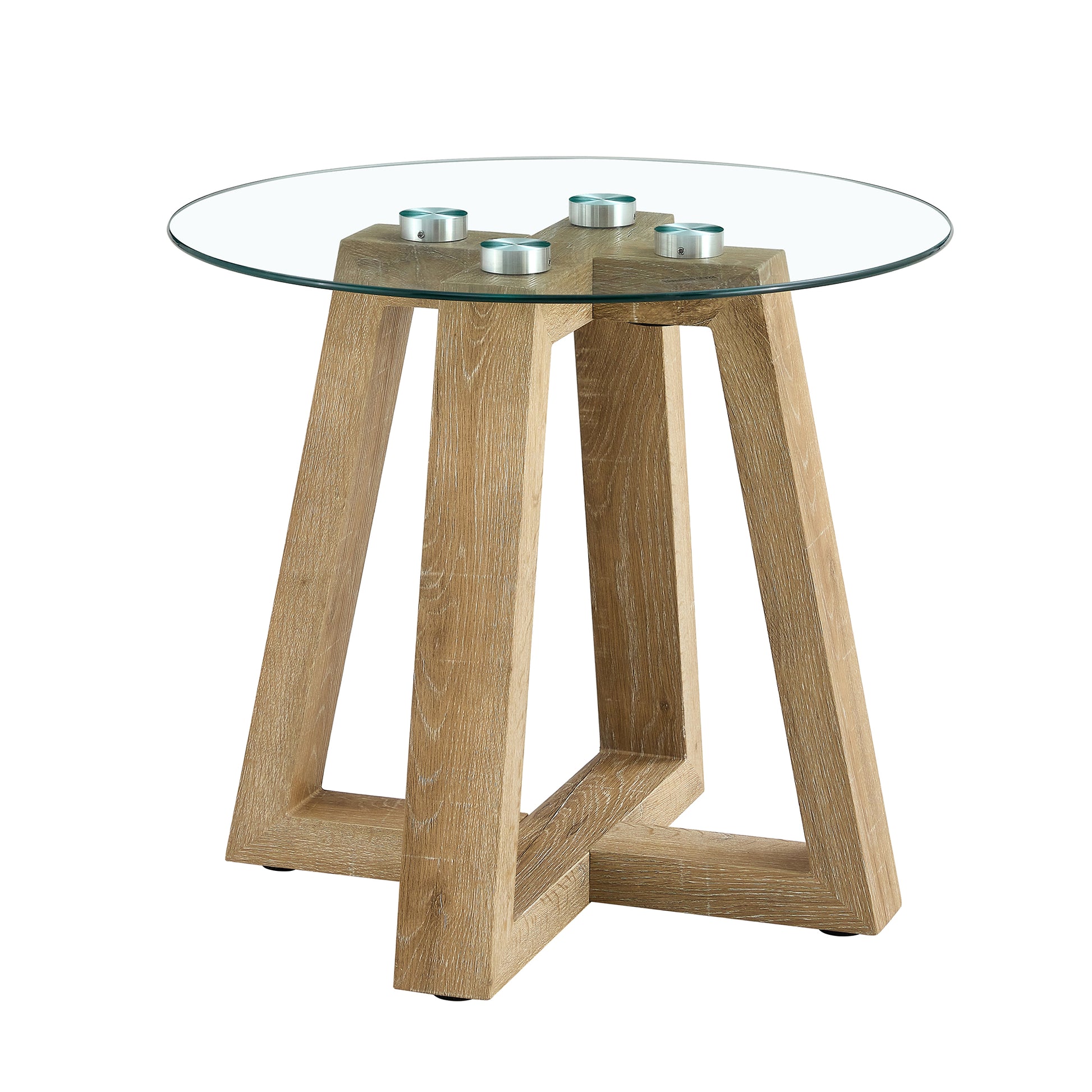 Modern And Practical Round Table. Made Of Clear Tempered Glass Top And Wood Coloured Mdf Material. Suitable For Living Rooms And Bedrooms. Wood Mdf Glass