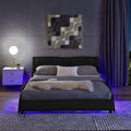 Queen Led Bed Frame Modern Faux Leather Upholstered Platform Bed Frame With Rgb Led Lights And Headboard Wave Like Curve Low Profile Bed Frame,Wood Slats Support,Easy Assembly, Black Queen Black Pu