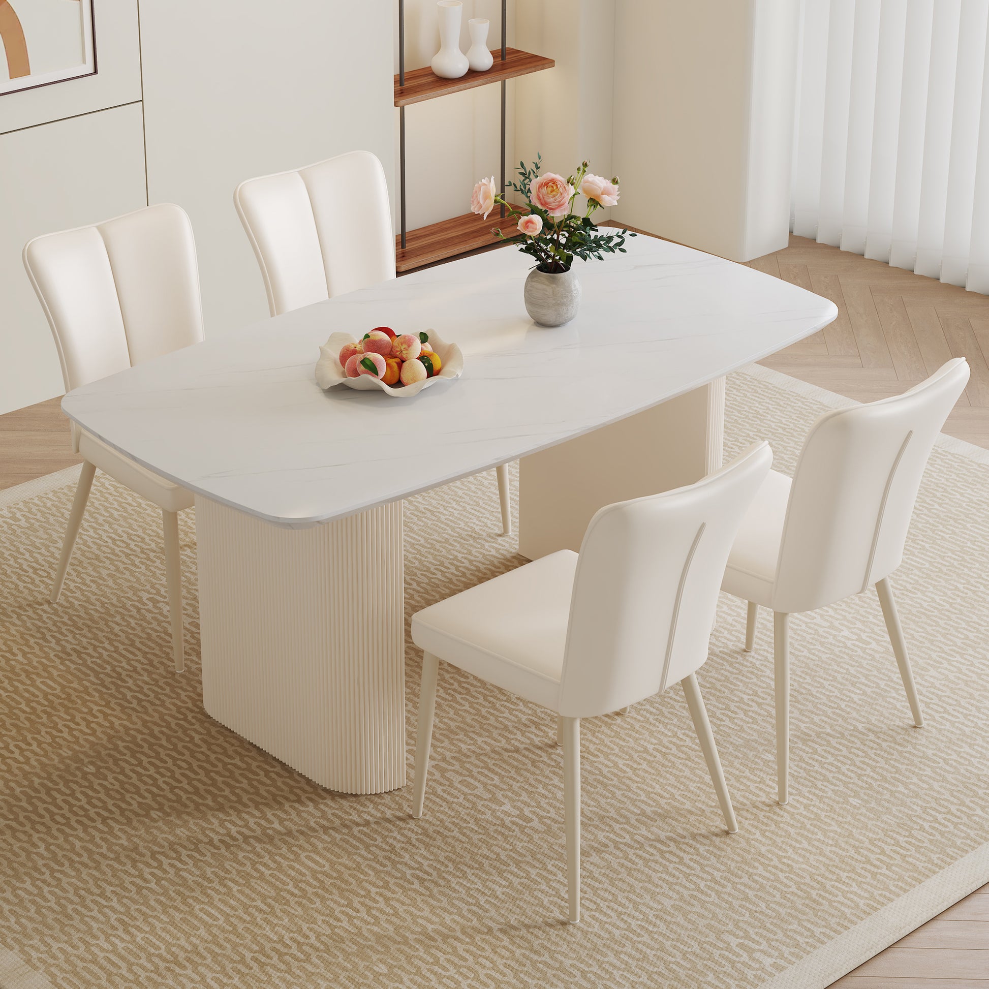 Table And Chair Set.67*35.4 Cream Style Mdf White Dining Table Set With 4 Cream Style Dining Chairs With A Vertical Line Design On Backrest.Adding A Warm And Gentle Atmosphere To Your Family. White